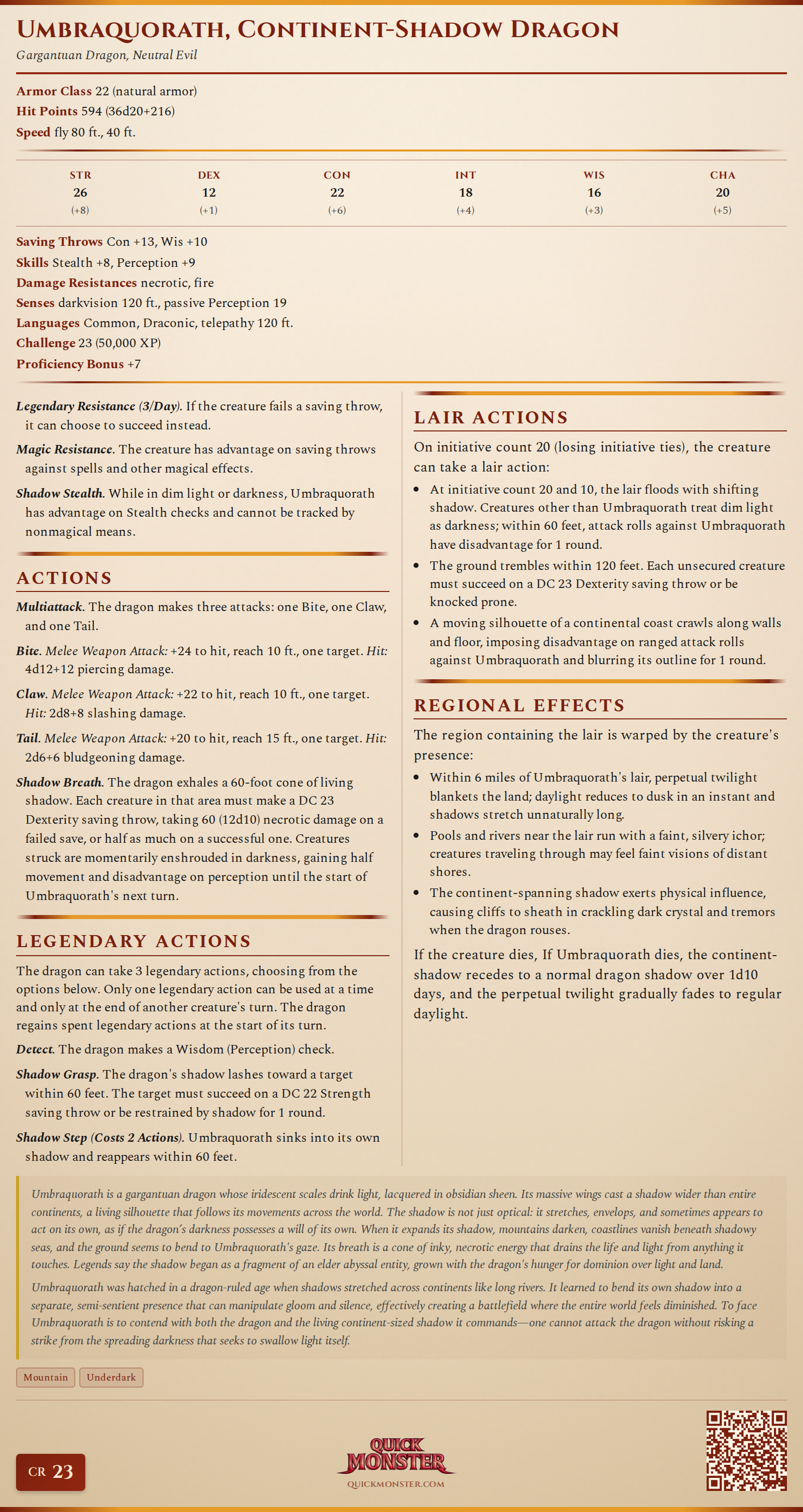 Umbraquorath, Continent-Shadow Dragon Stat Block