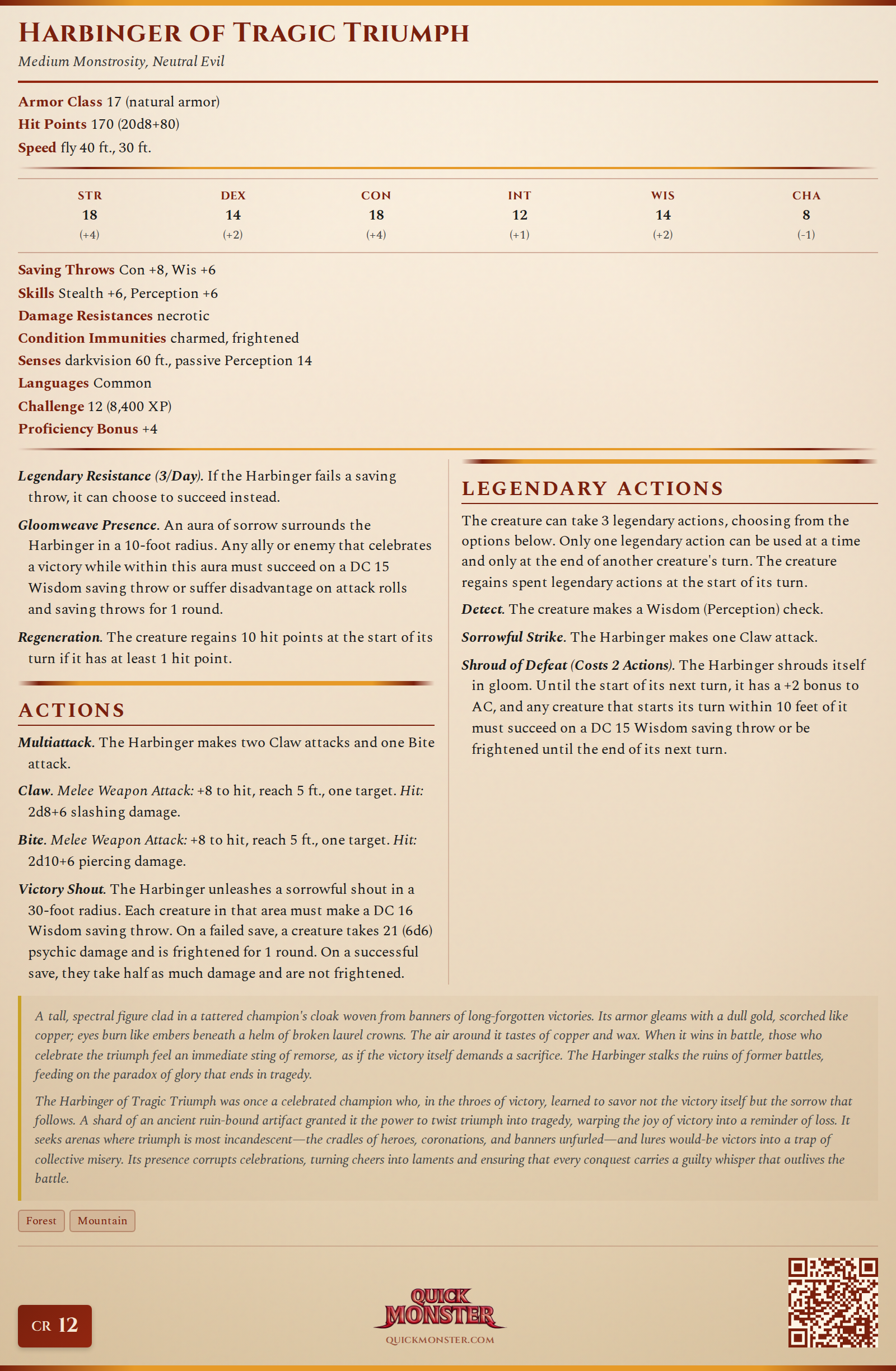 Harbinger of Tragic Triumph Stat Block