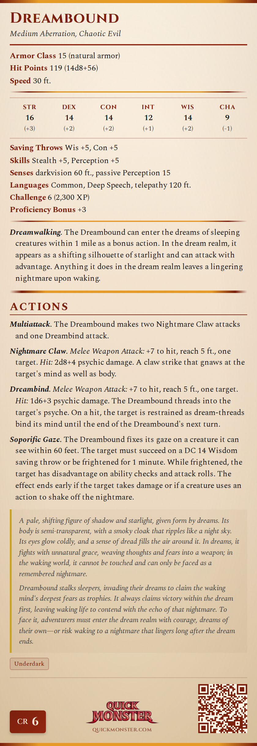 Dreambound Stat Block