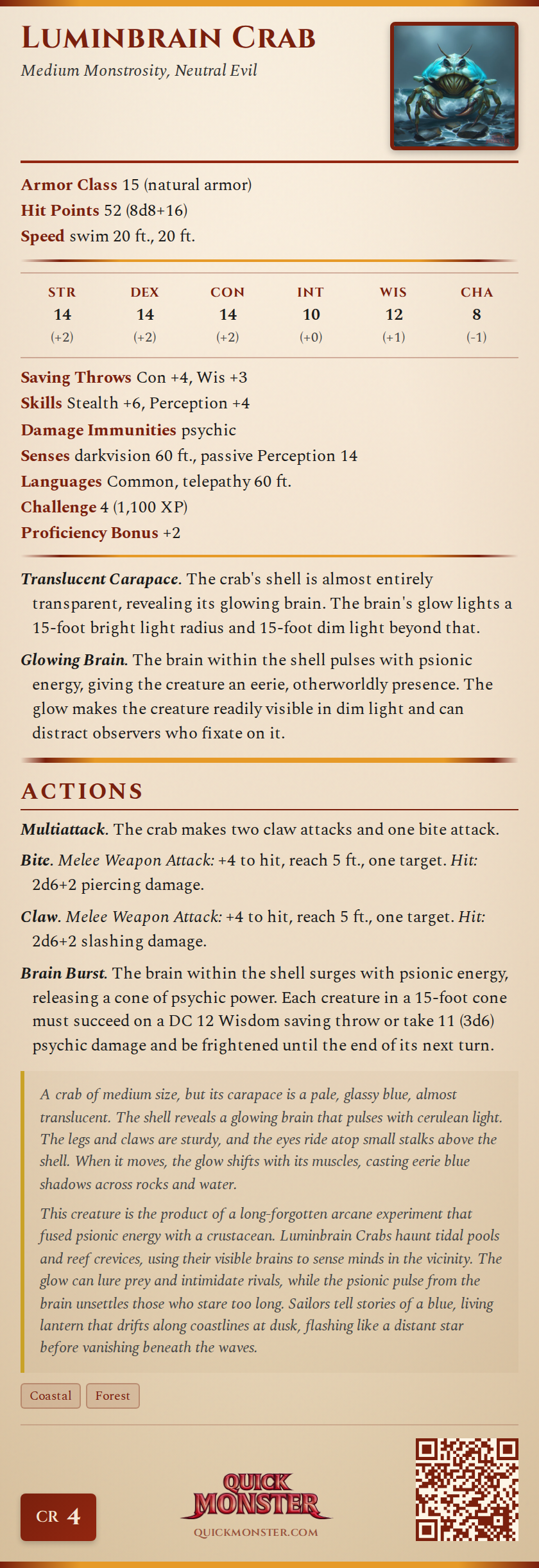 Luminbrain Crab Stat Block