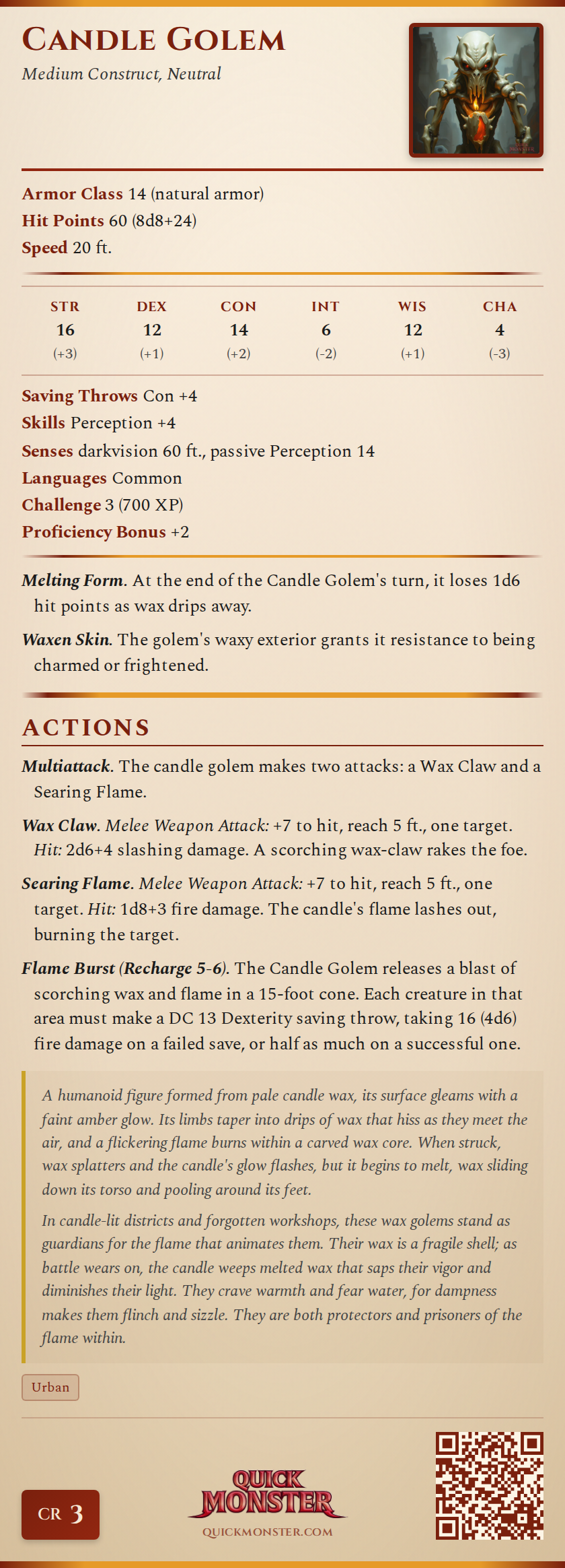 Candle Golem Stat Block