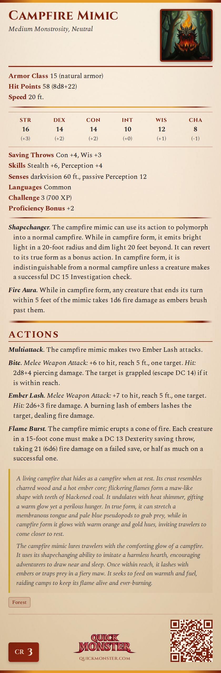 Campfire Mimic Stat Block