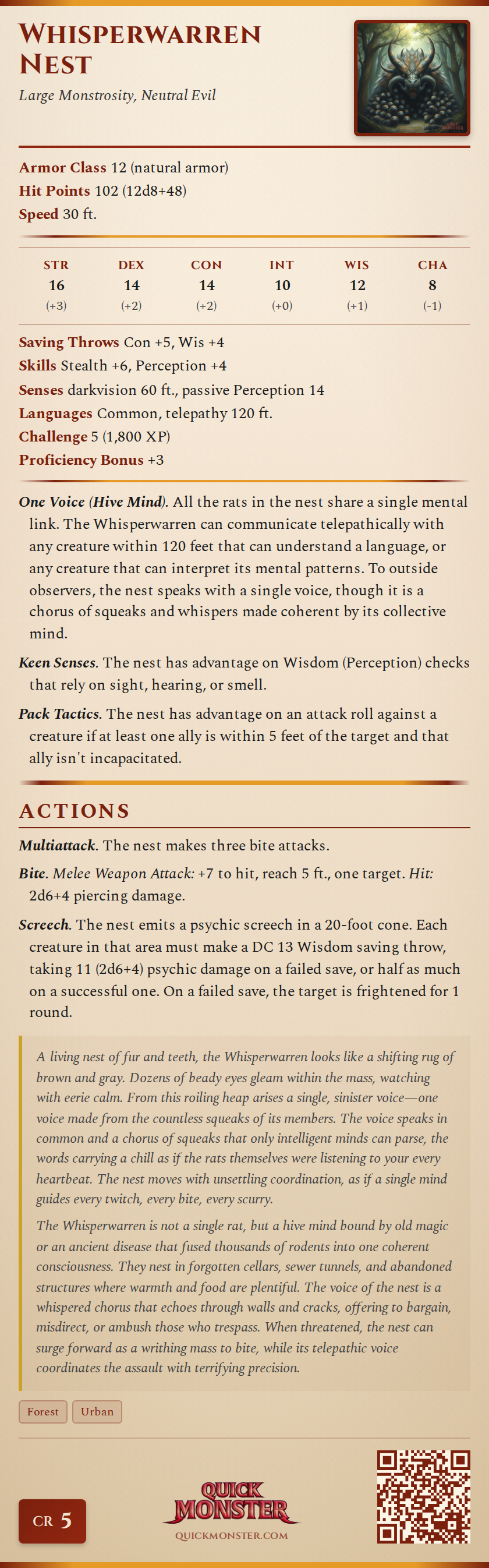 Whisperwarren Nest Stat Block
