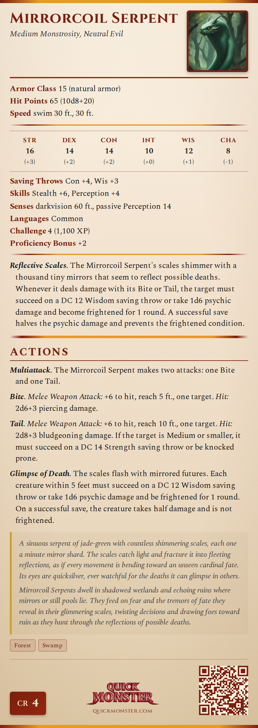 Mirrorcoil Serpent Stat Block
