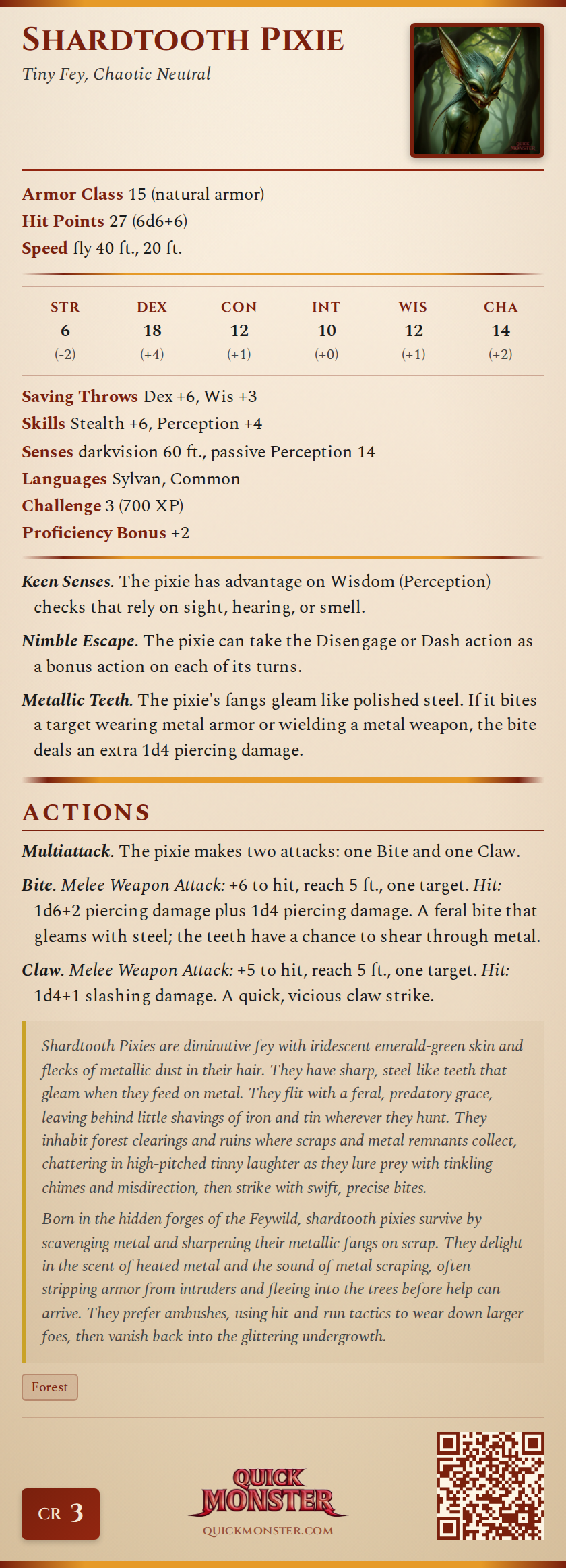 Shardtooth Pixie Stat Block