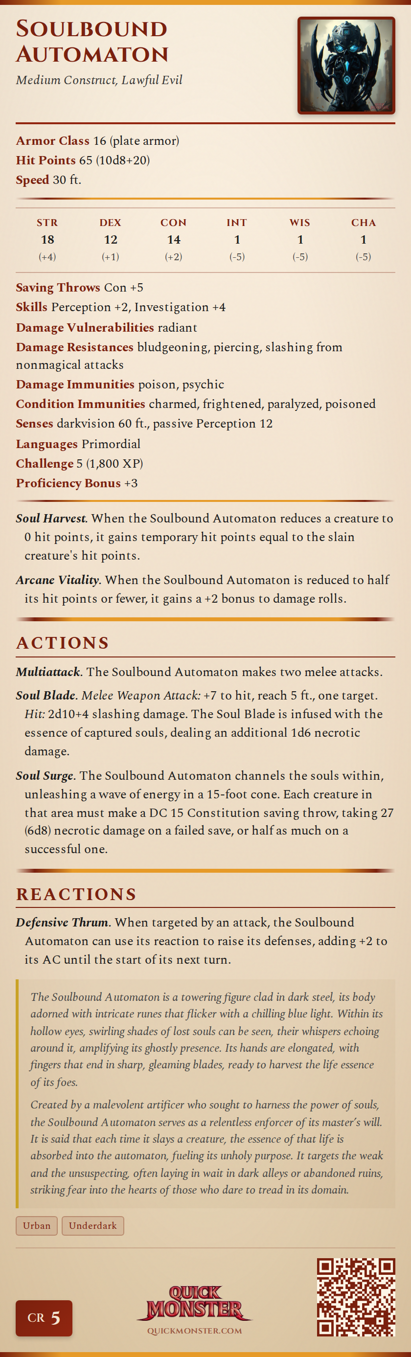 Soulbound Automaton Stat Block