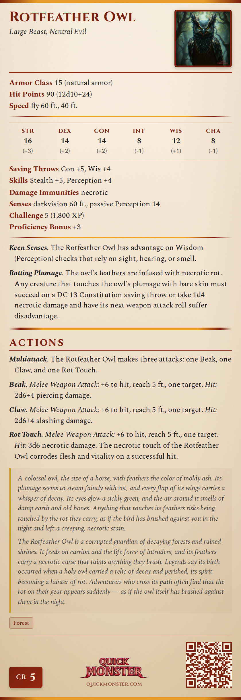 Rotfeather Owl Stat Block