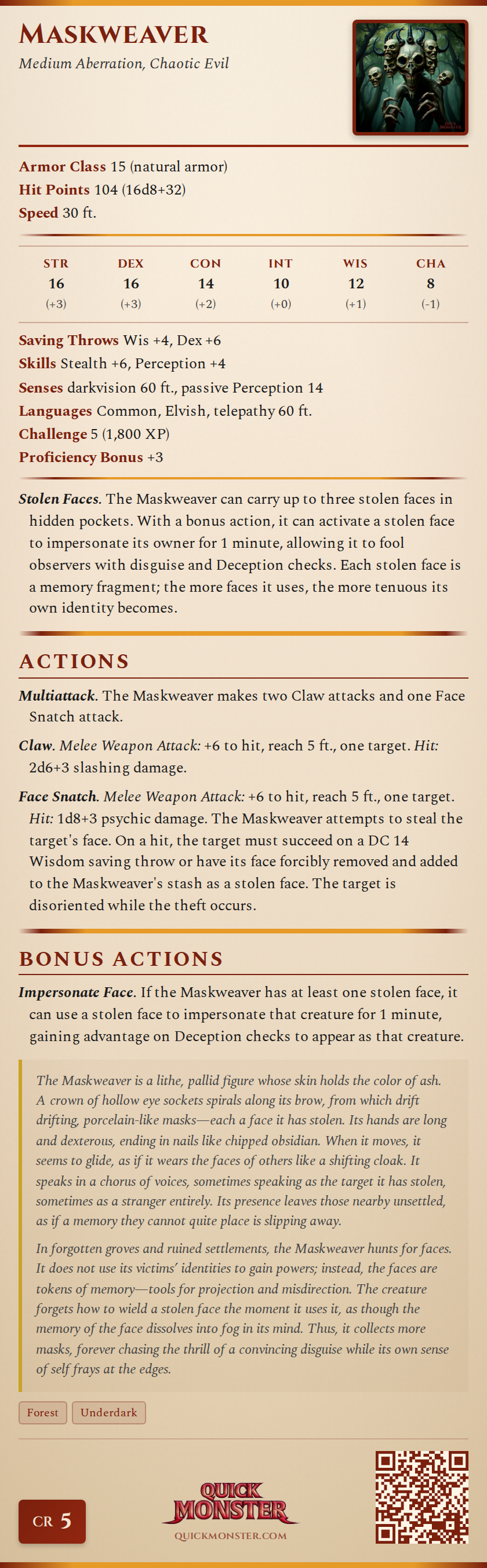 Maskweaver Stat Block