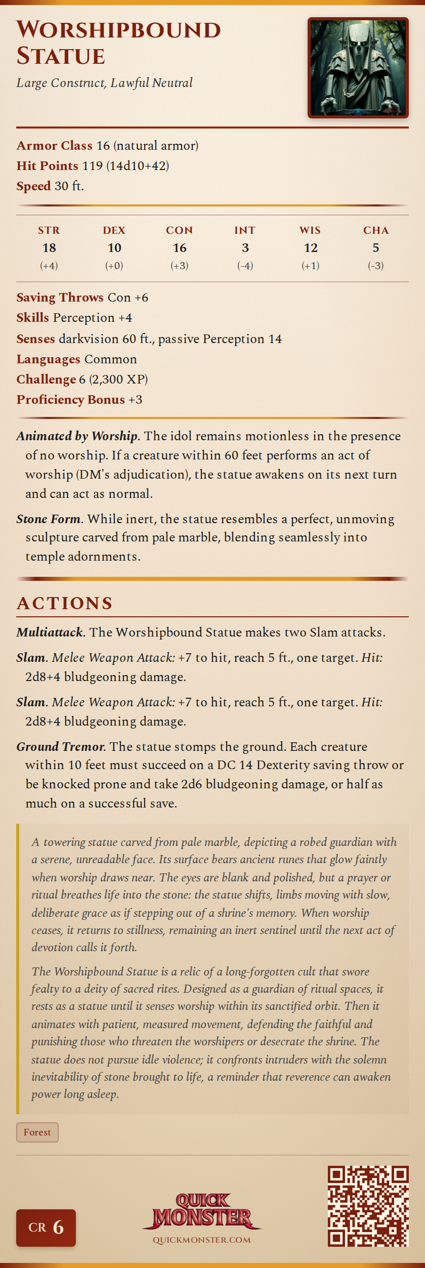 Worshipbound Statue Stat Block