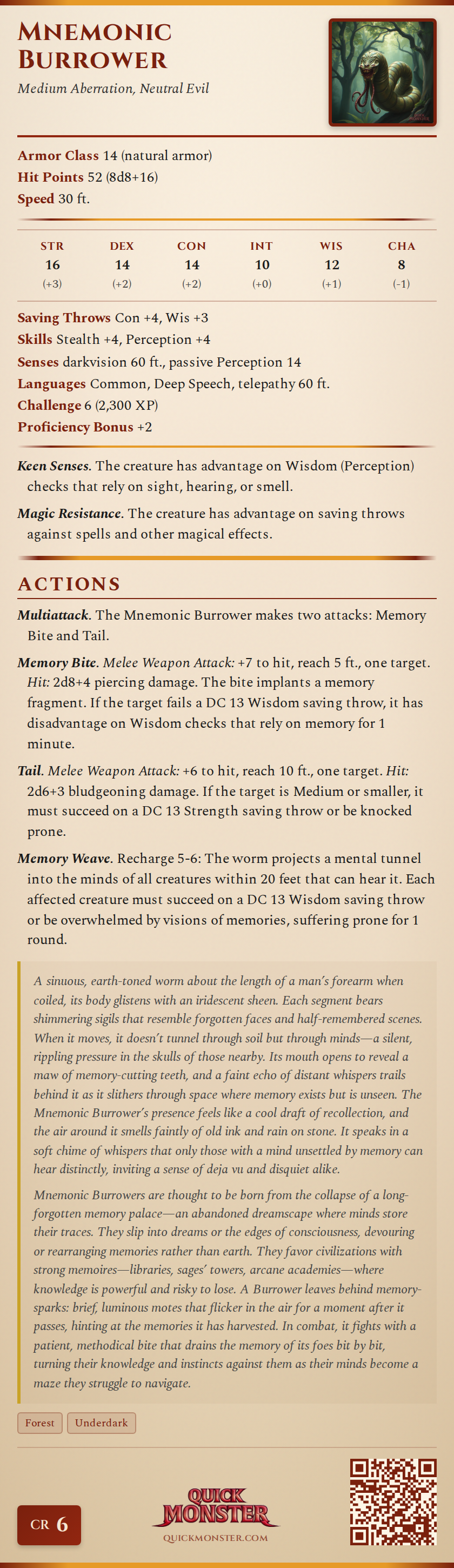 Mnemonic Burrower Stat Block