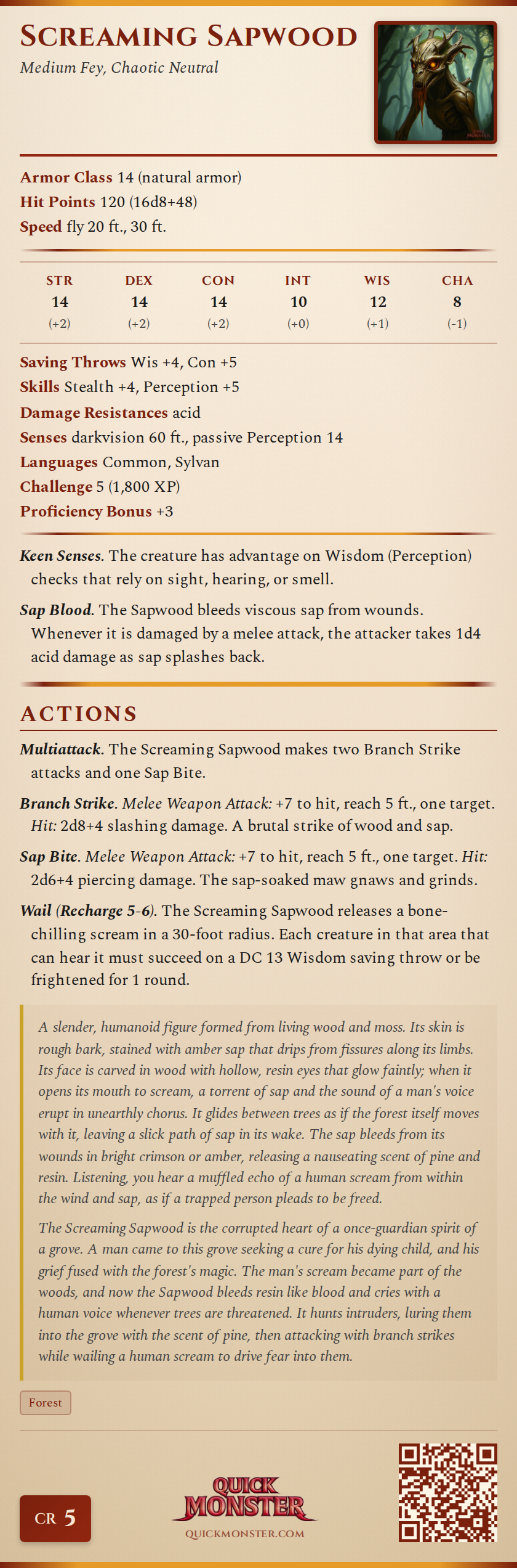 Screaming Sapwood Stat Block