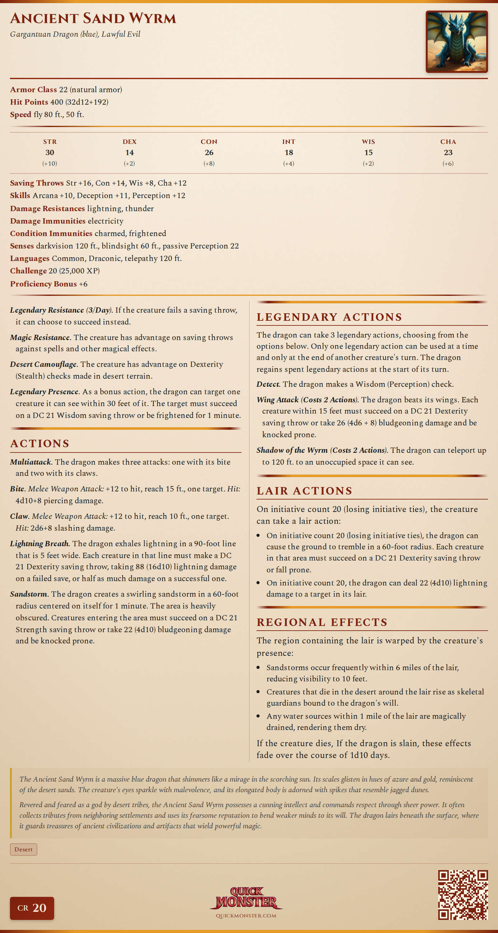 Ancient Sand Wyrm Stat Block