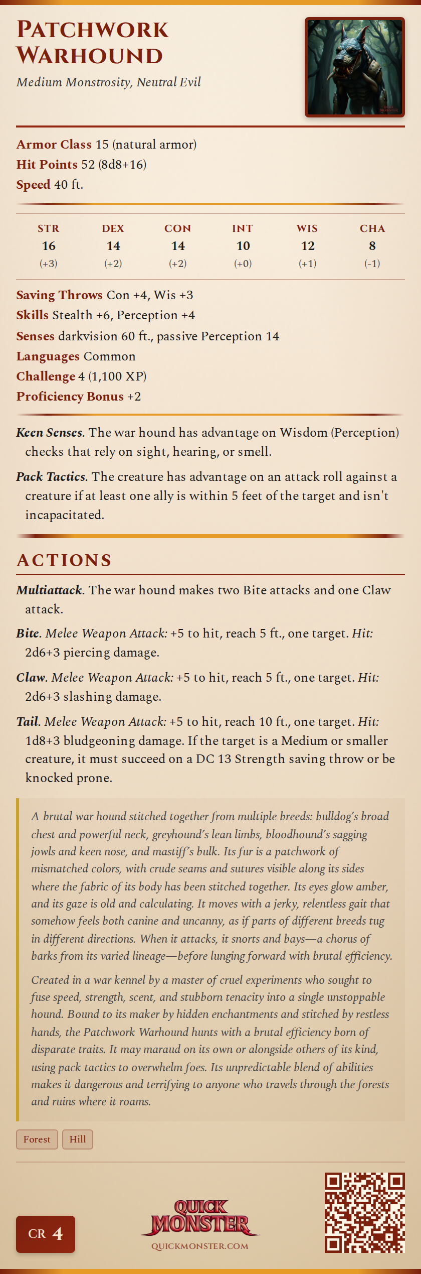 Patchwork Warhound Stat Block