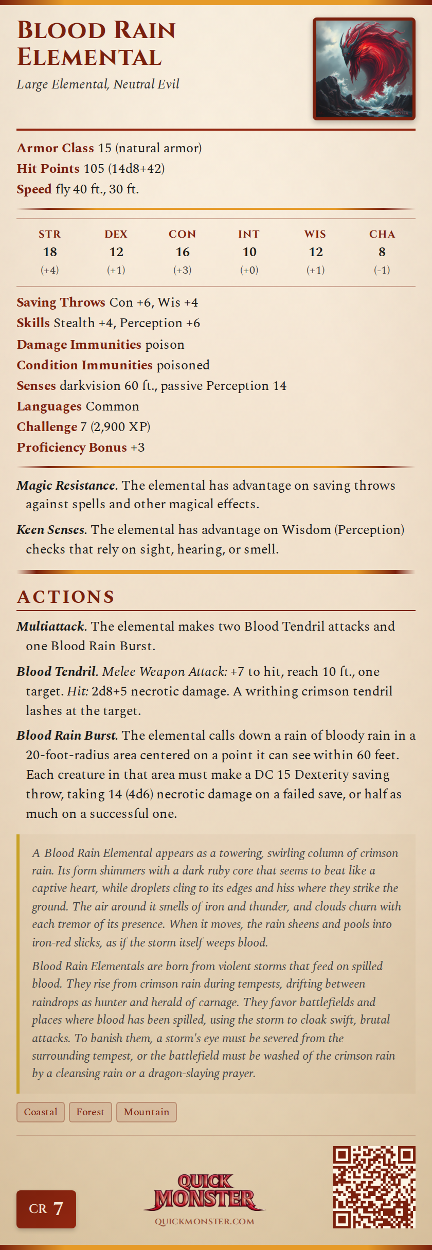 Blood Rain Elemental Stat Block
