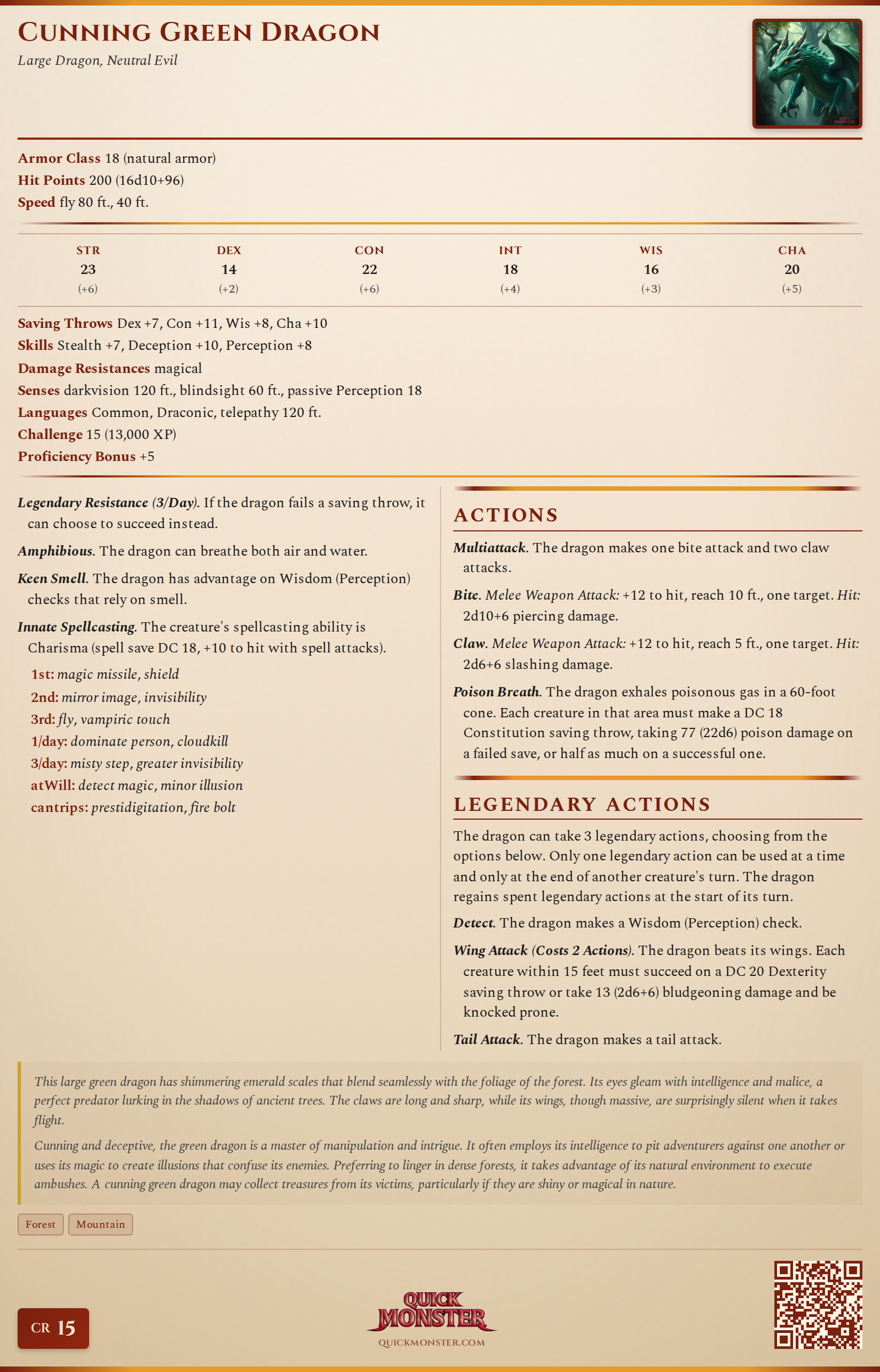 Cunning Green Dragon Stat Block