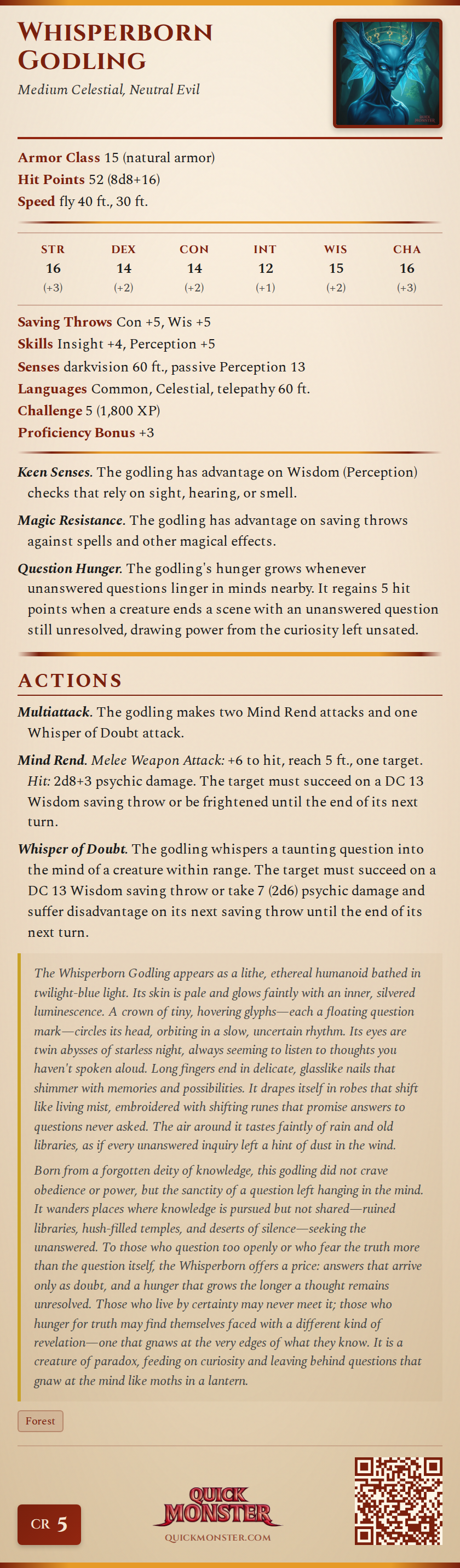 Whisperborn Godling Stat Block