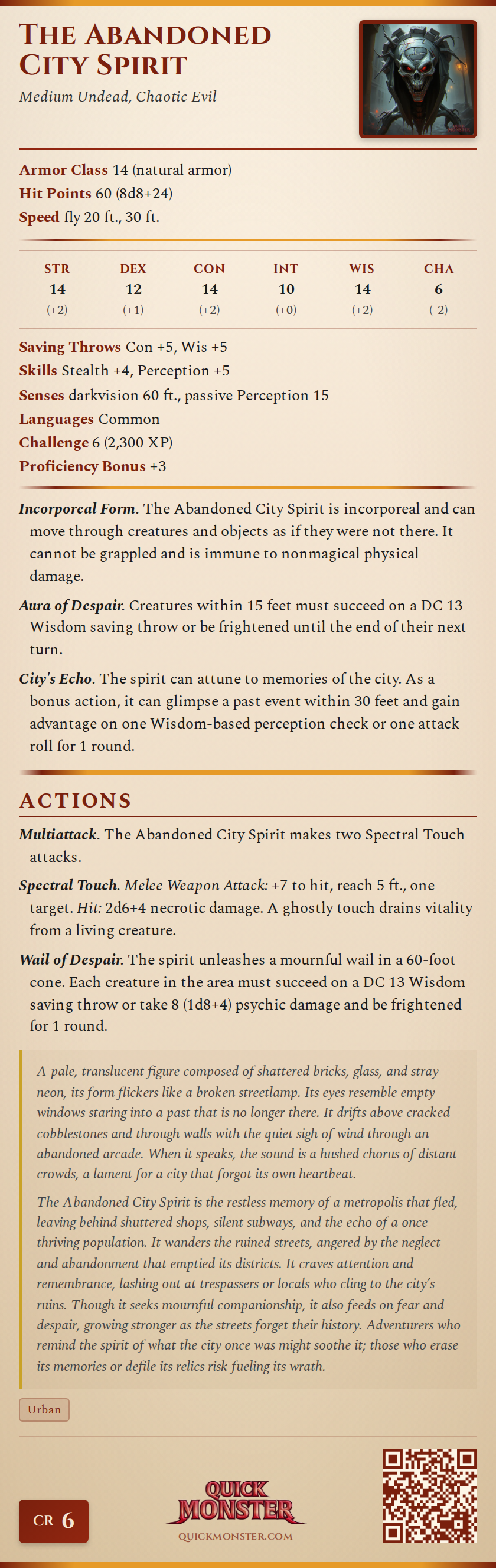 The Abandoned City Spirit Stat Block