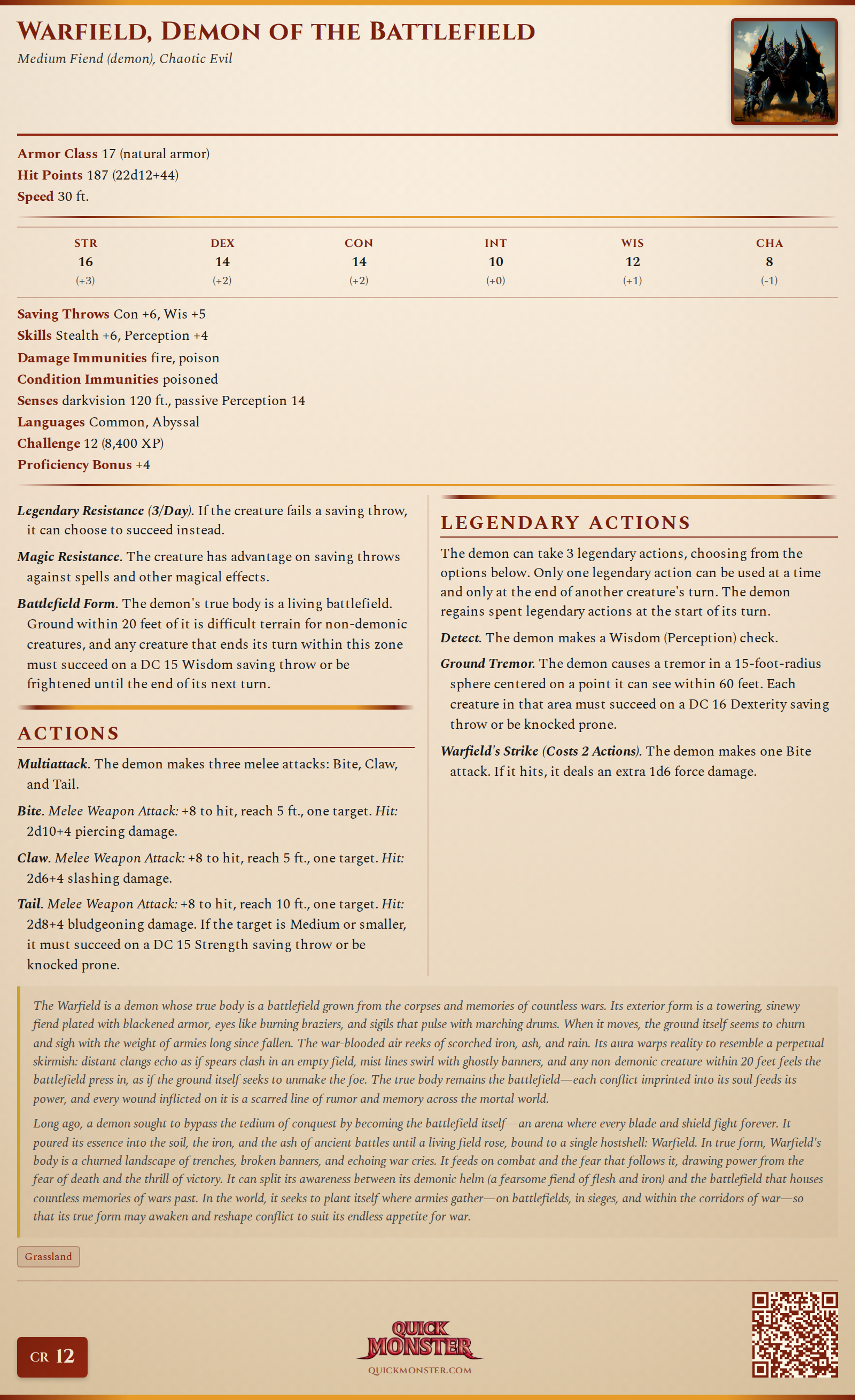 Warfield, Demon of the Battlefield Stat Block