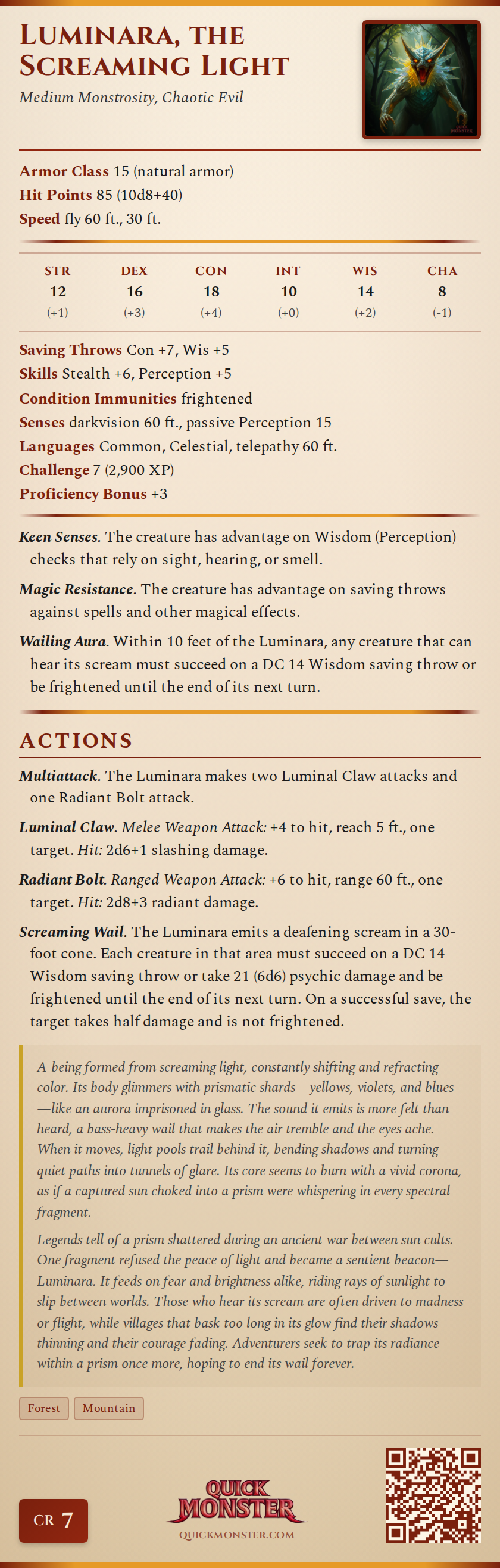 Luminara, the Screaming Light Stat Block
