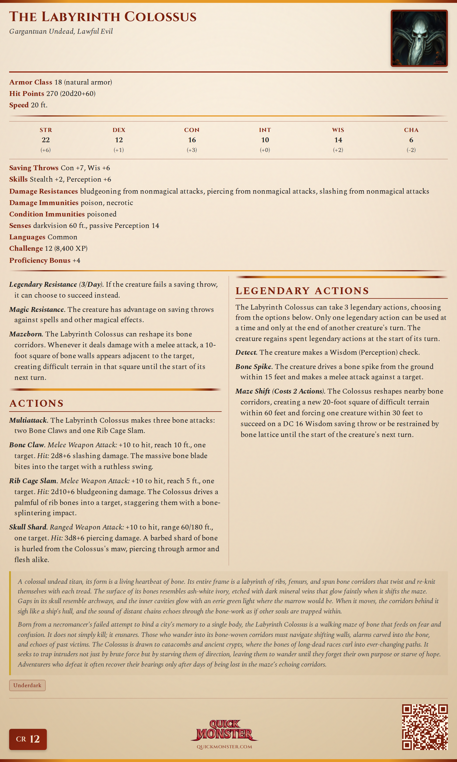 The Labyrinth Colossus Stat Block