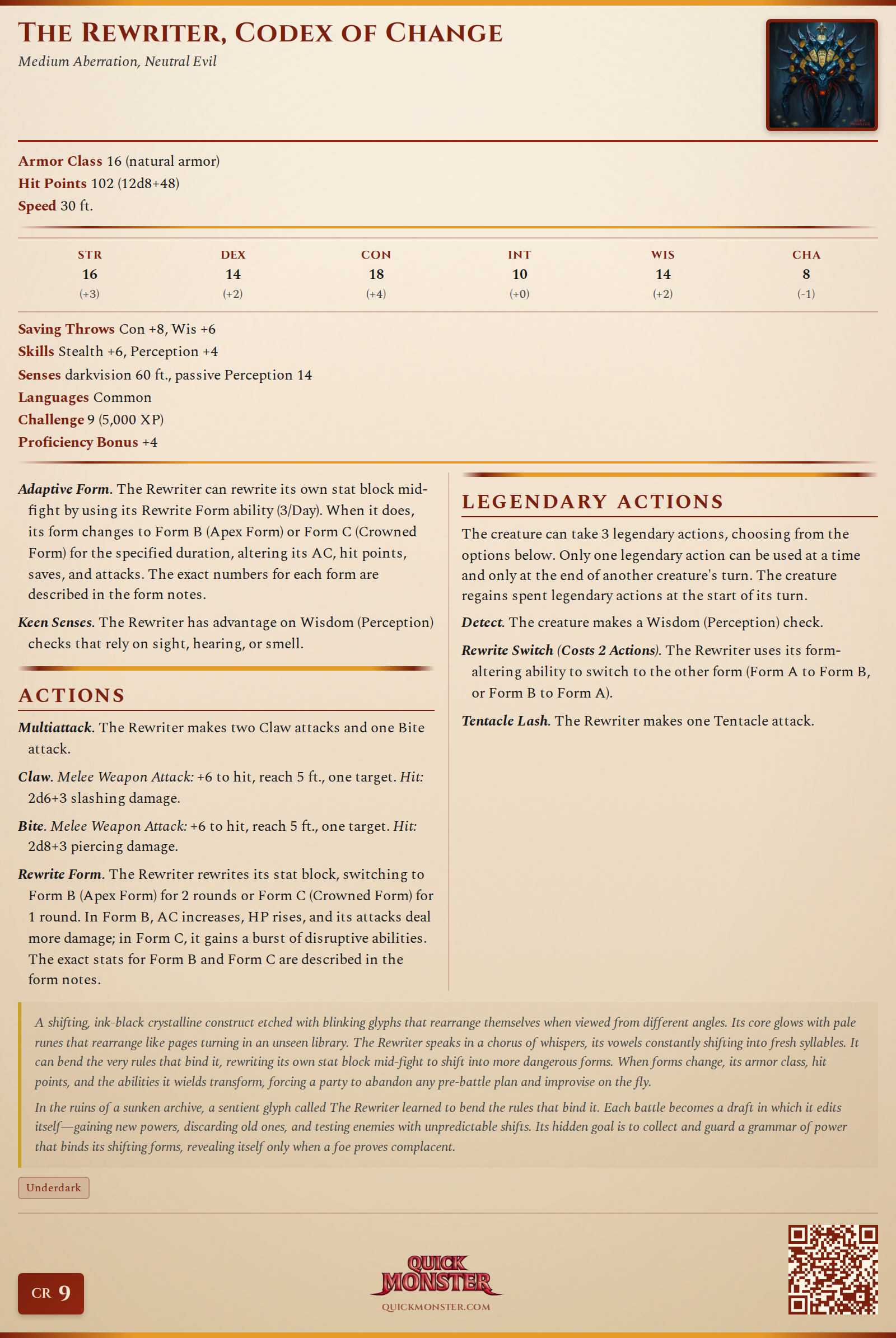 The Rewriter, Codex of Change Stat Block