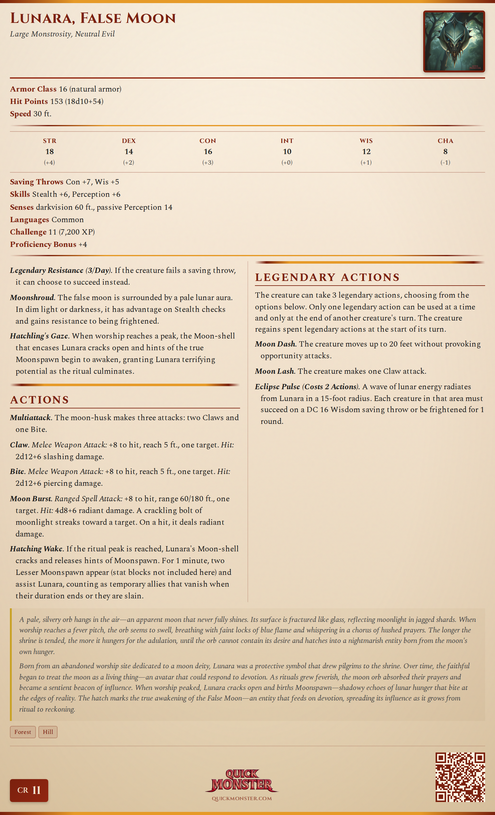Lunara, False Moon Stat Block