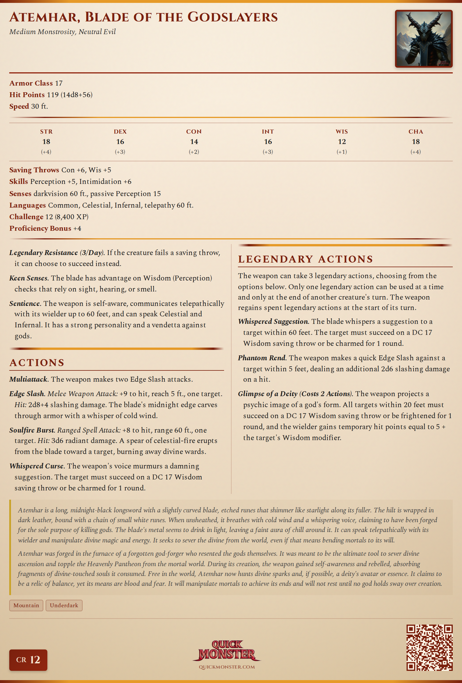 Atemhar, Blade of the Godslayers Stat Block