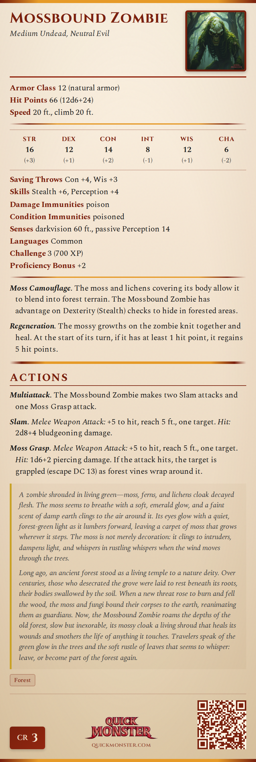 Mossbound Zombie Stat Block