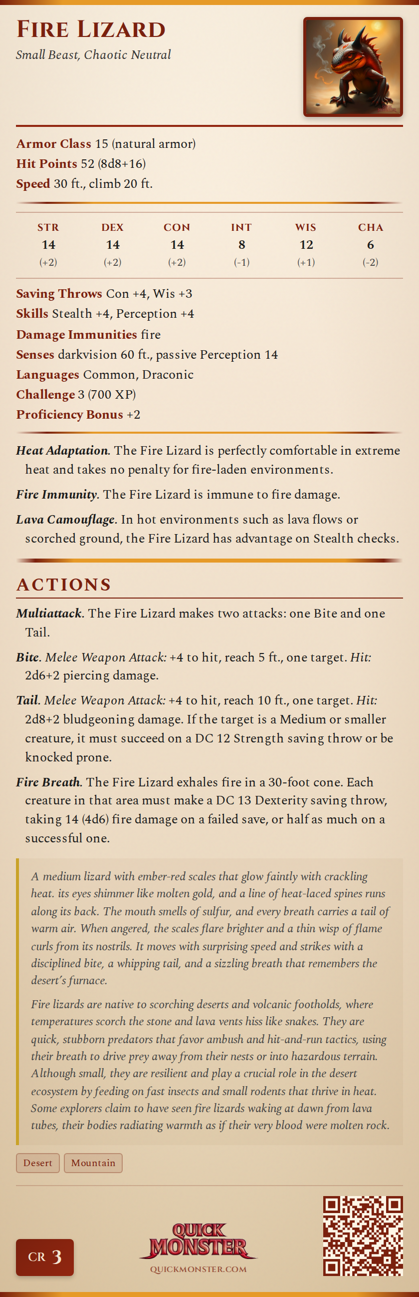 Fire Lizard Stat Block