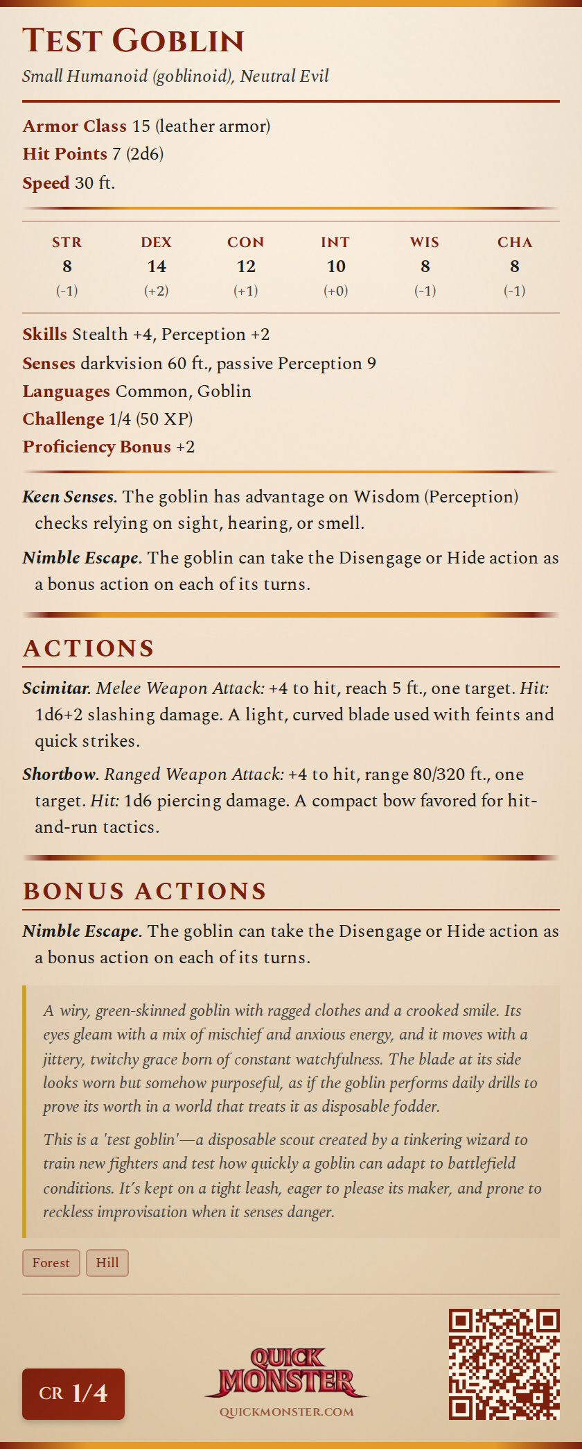Test Goblin Stat Block
