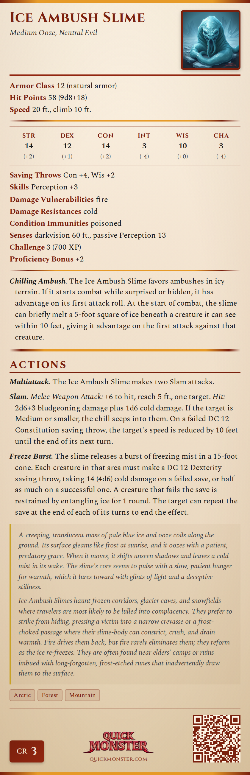 Ice Ambush Slime Stat Block