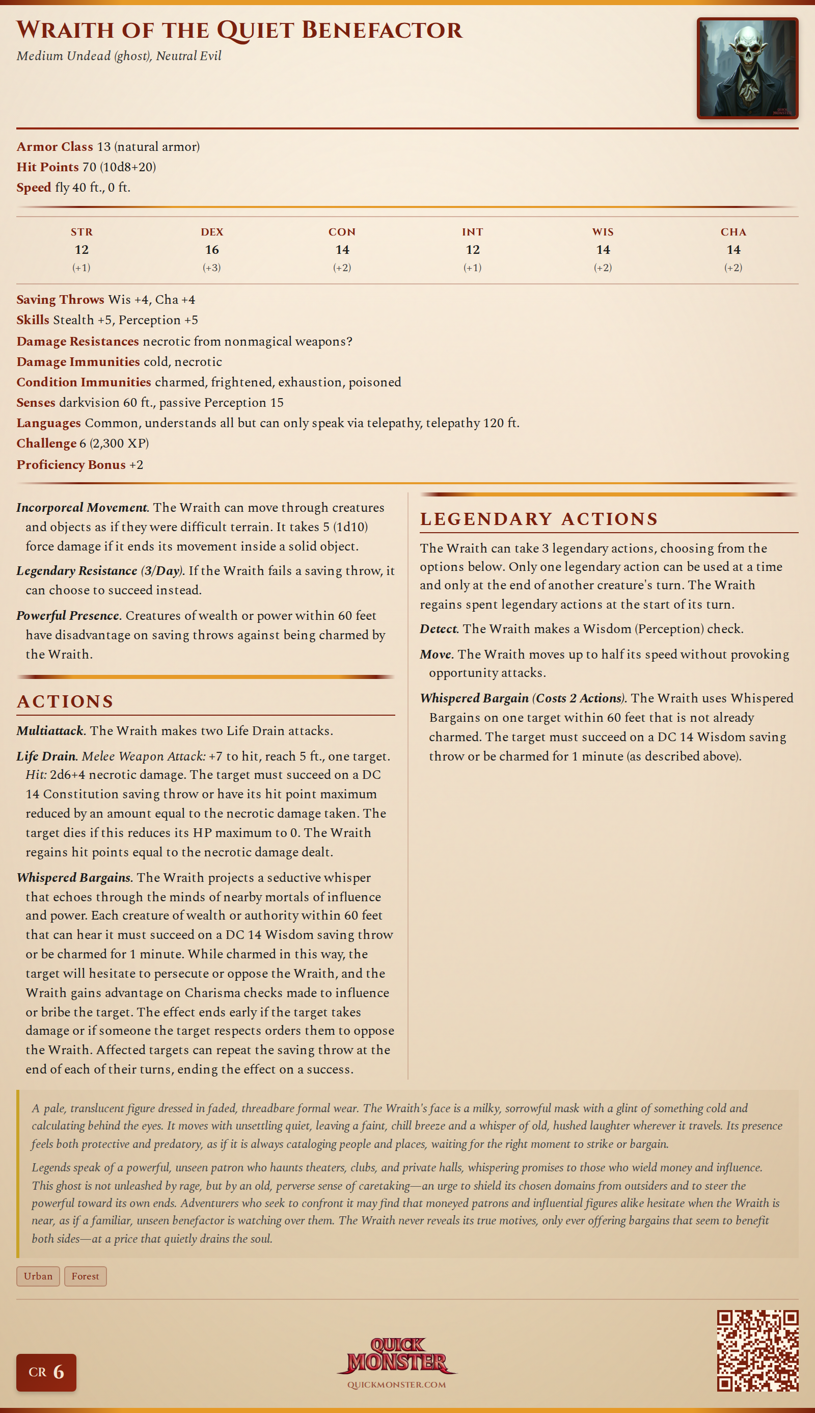 Wraith of the Quiet Benefactor Stat Block