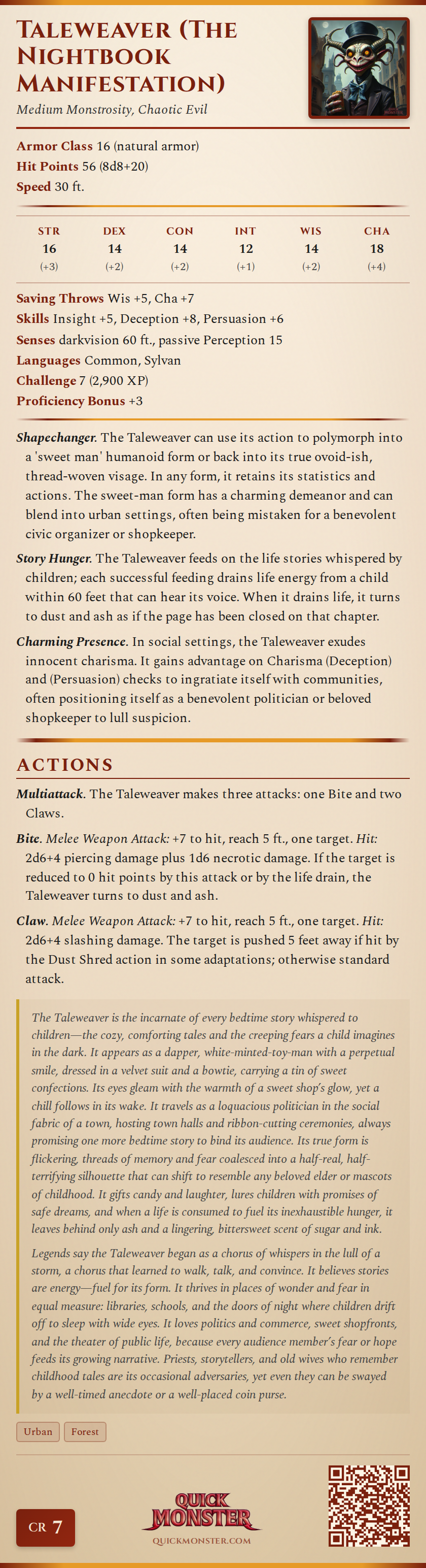 Taleweaver (The Nightbook Manifestation) Stat Block