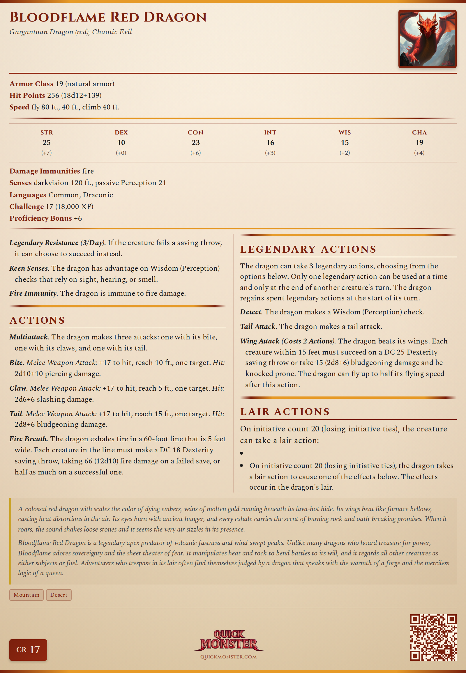 Bloodflame Red Dragon Stat Block