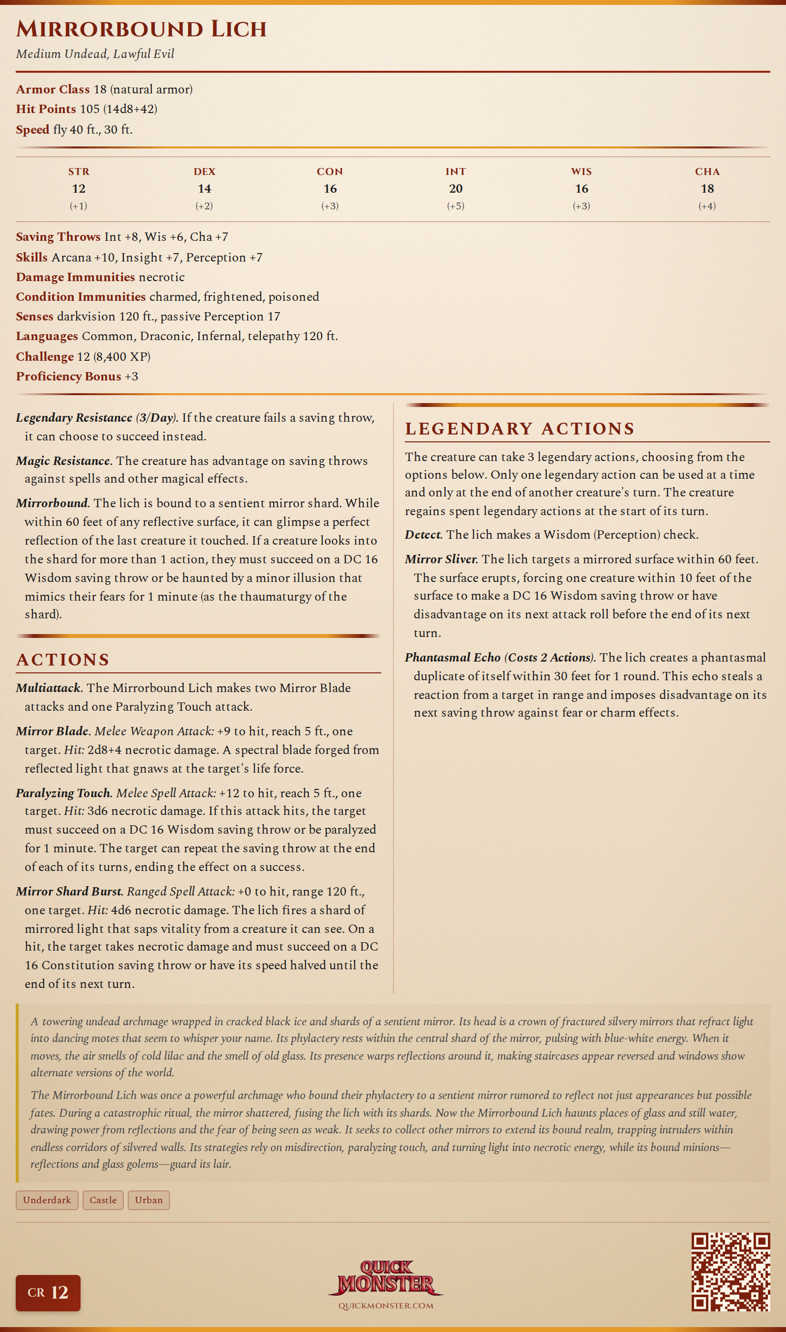 Mirrorbound Lich Stat Block