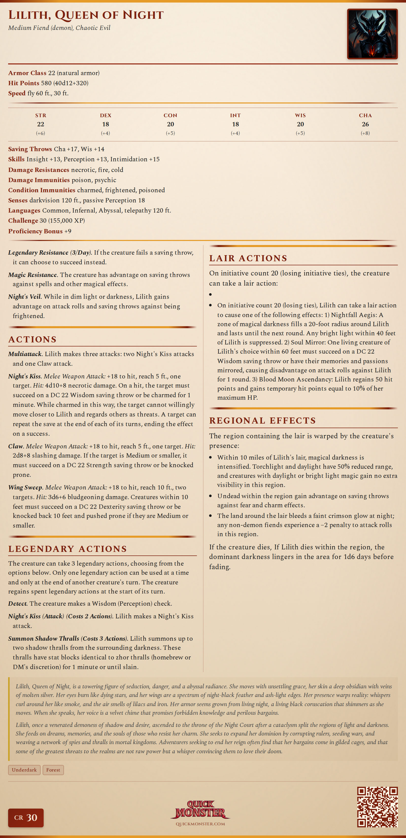 Lilith, Queen of Night Stat Block