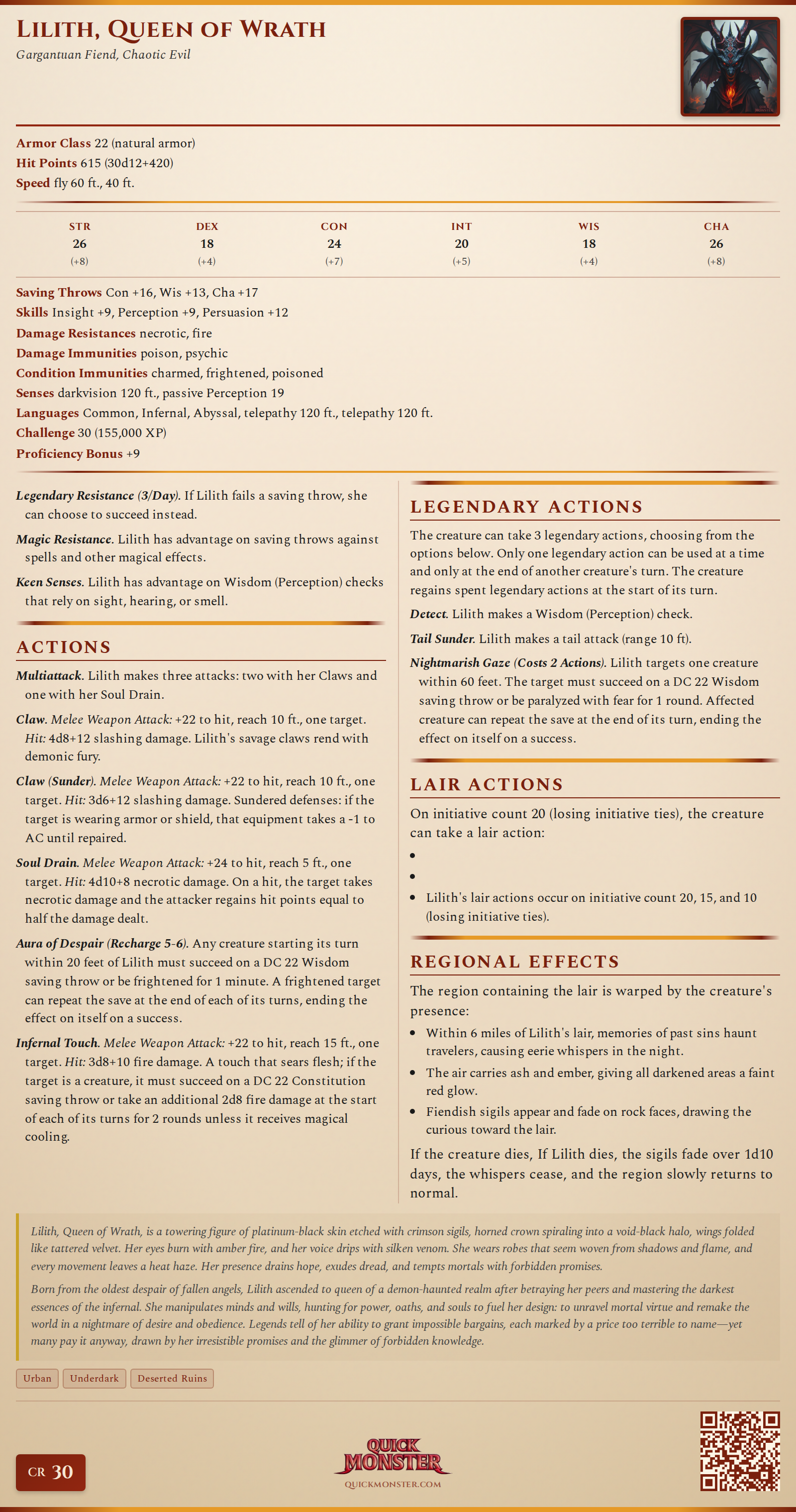 Lilith, Queen of Wrath Stat Block