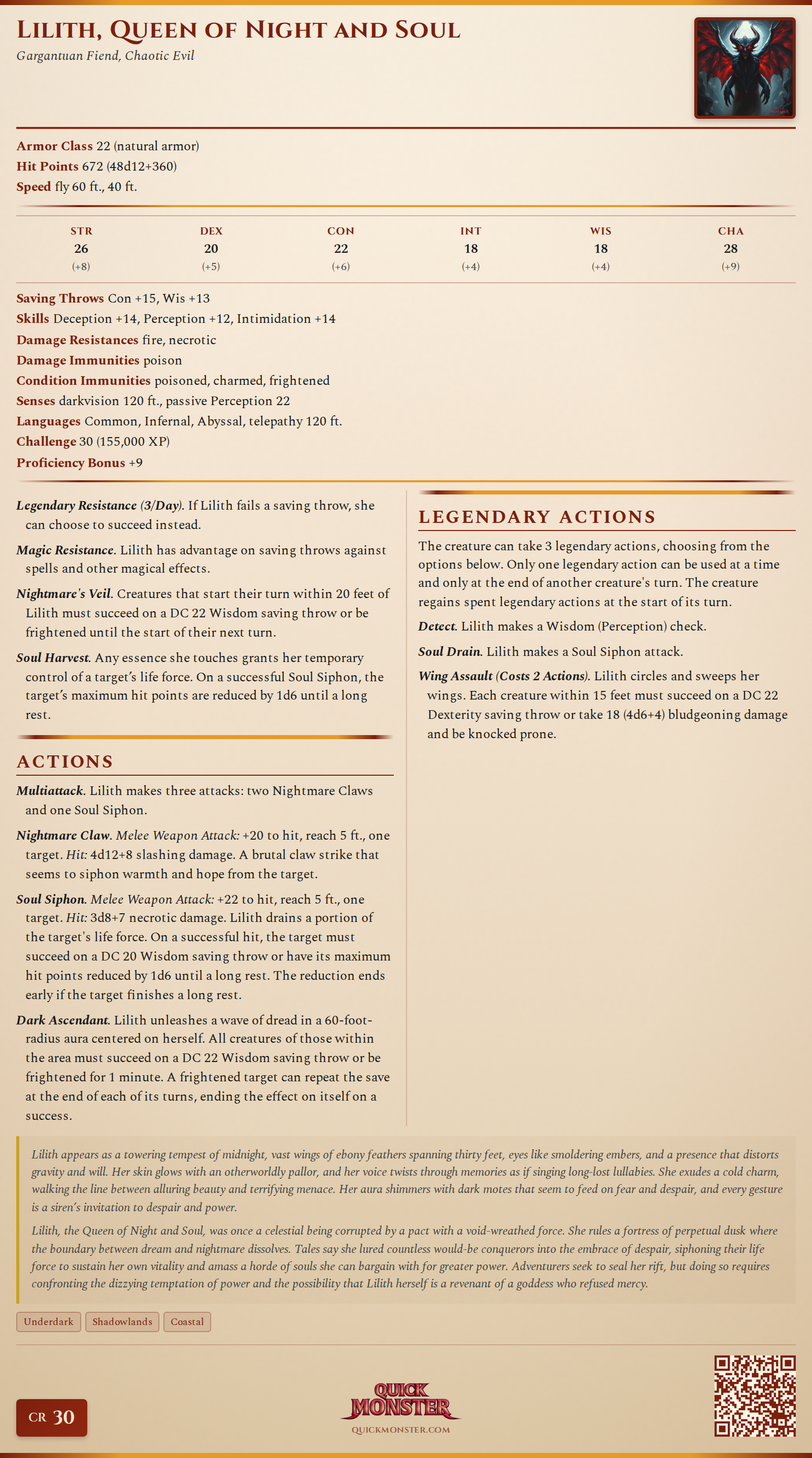 Lilith, Queen of Night and Soul Stat Block