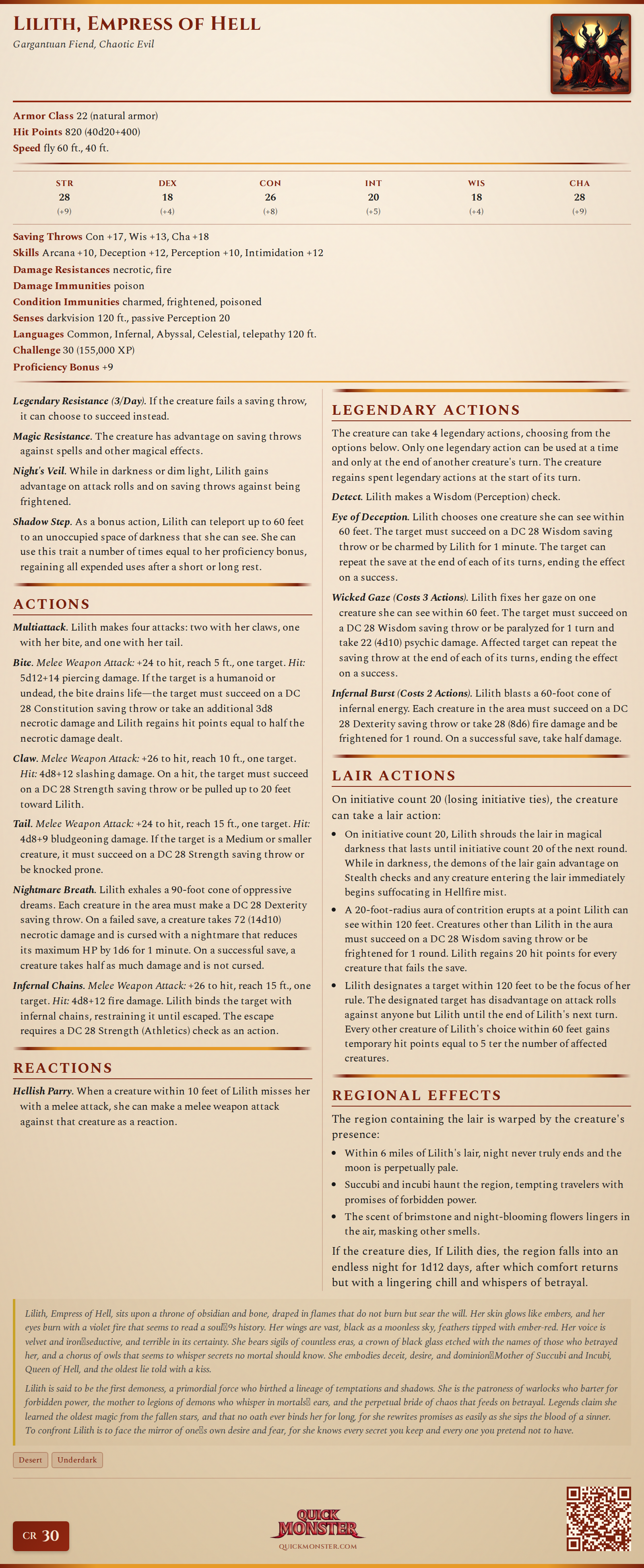 Lilith, Empress of Hell Stat Block