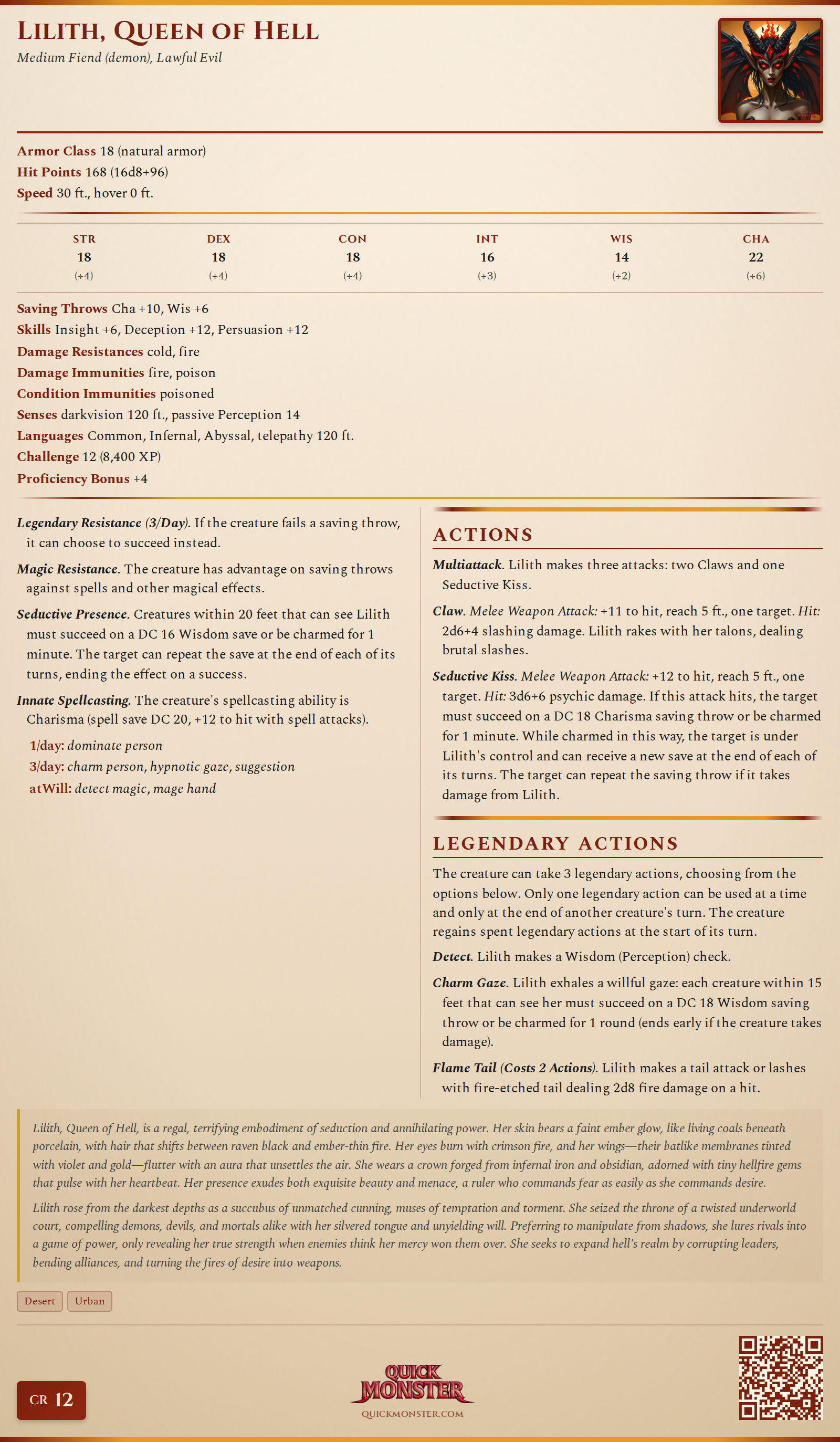 Lilith, Queen of Hell Stat Block