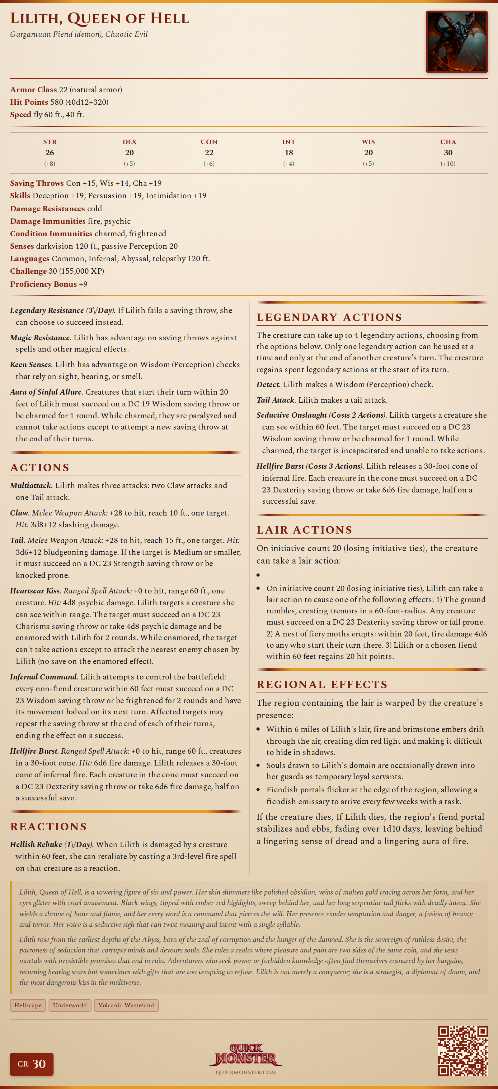 Lilith, Queen of Hell Stat Block