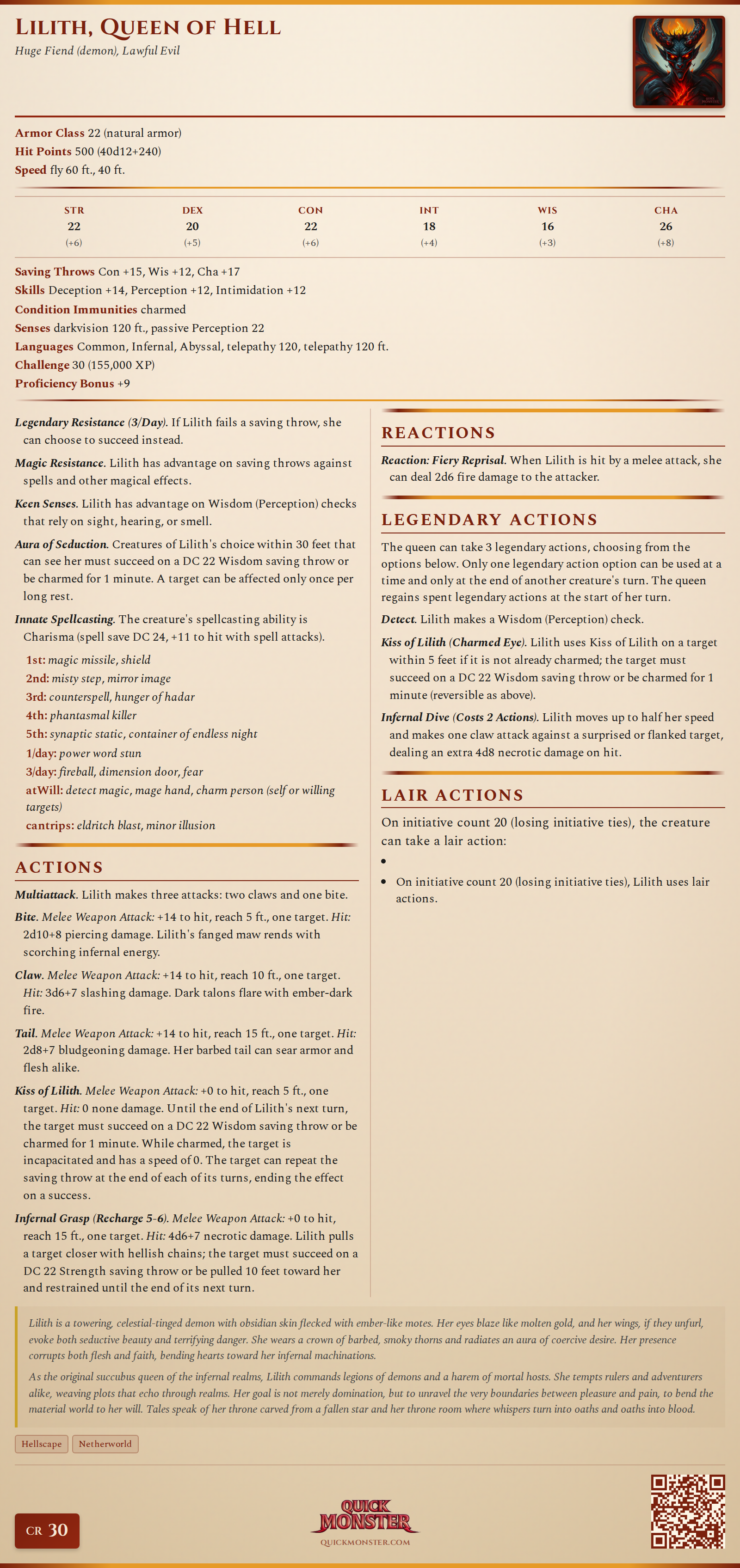 Lilith, Queen of Hell Stat Block