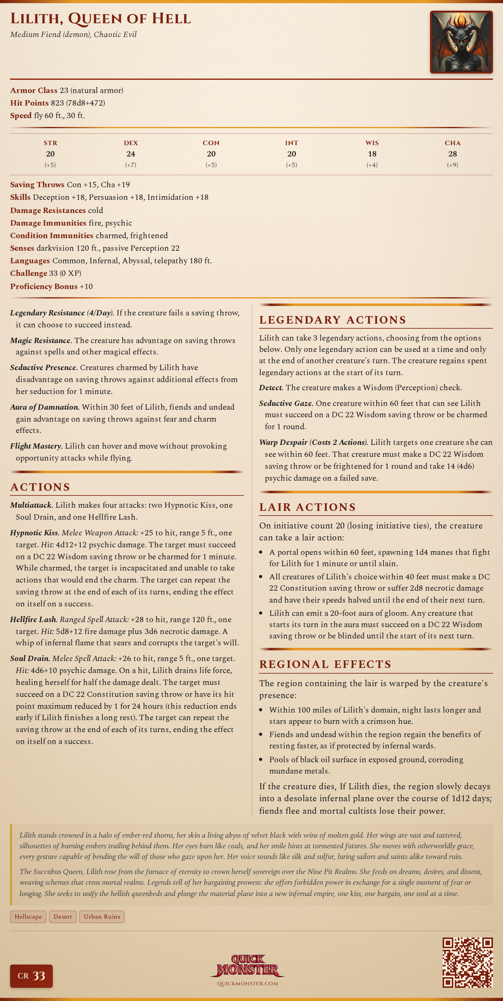 Lilith, Queen of Hell Stat Block