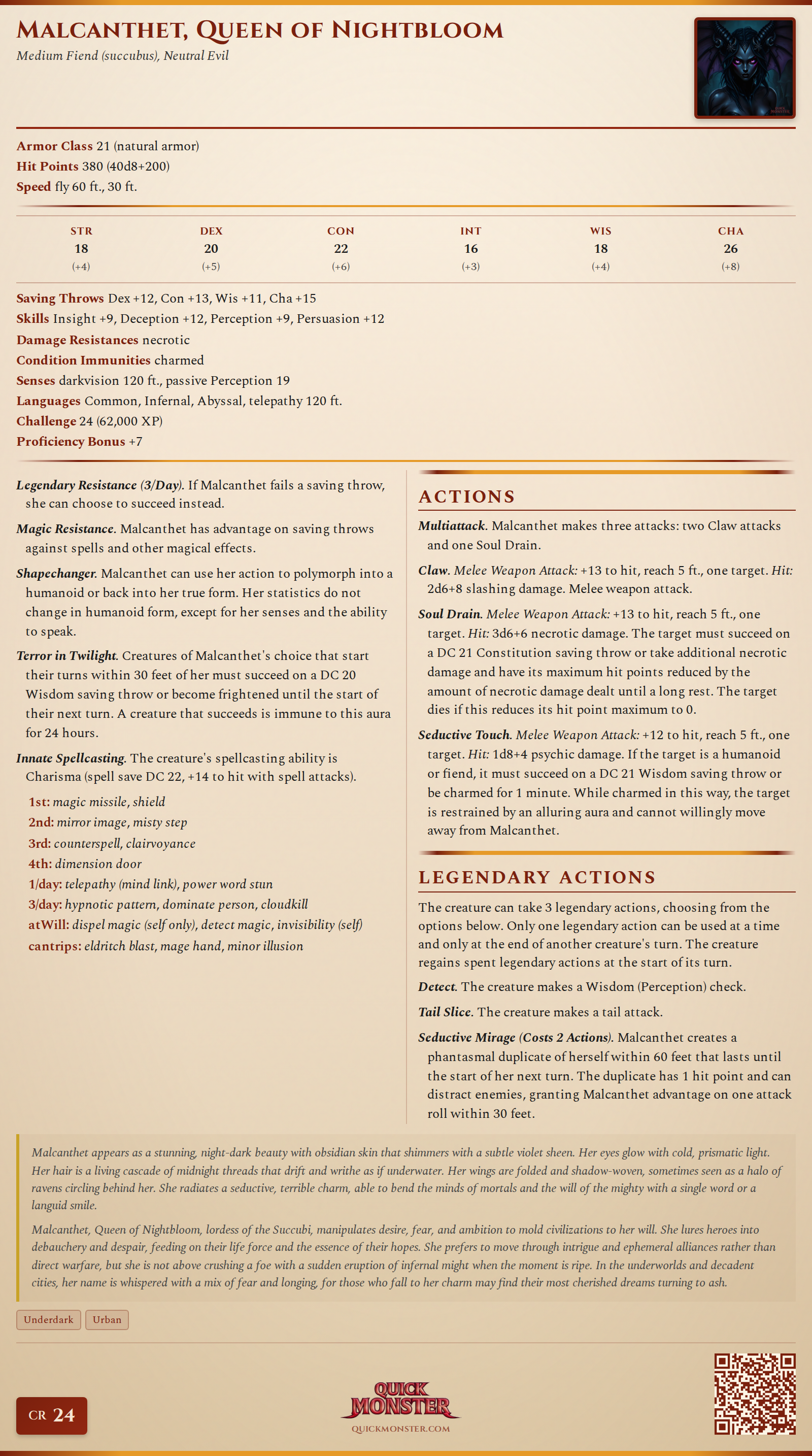 Malcanthet, Queen of Nightbloom Stat Block