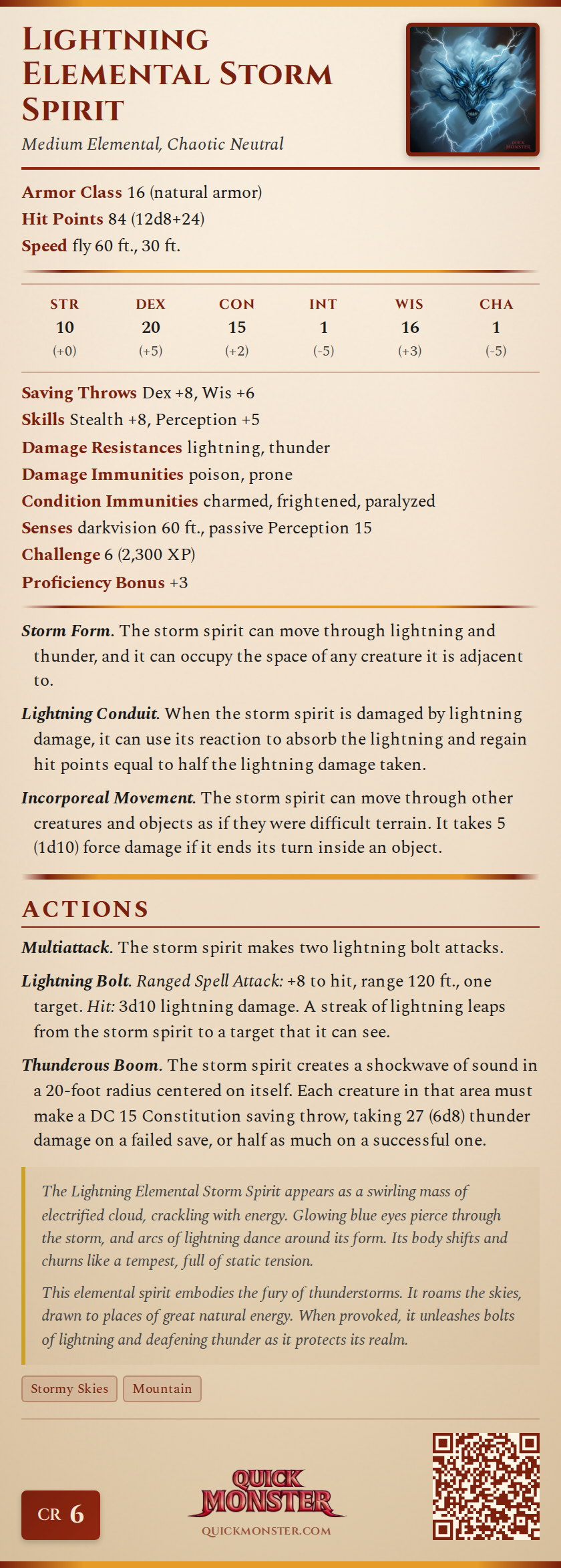 Lightning Elemental Storm Spirit Stat Block