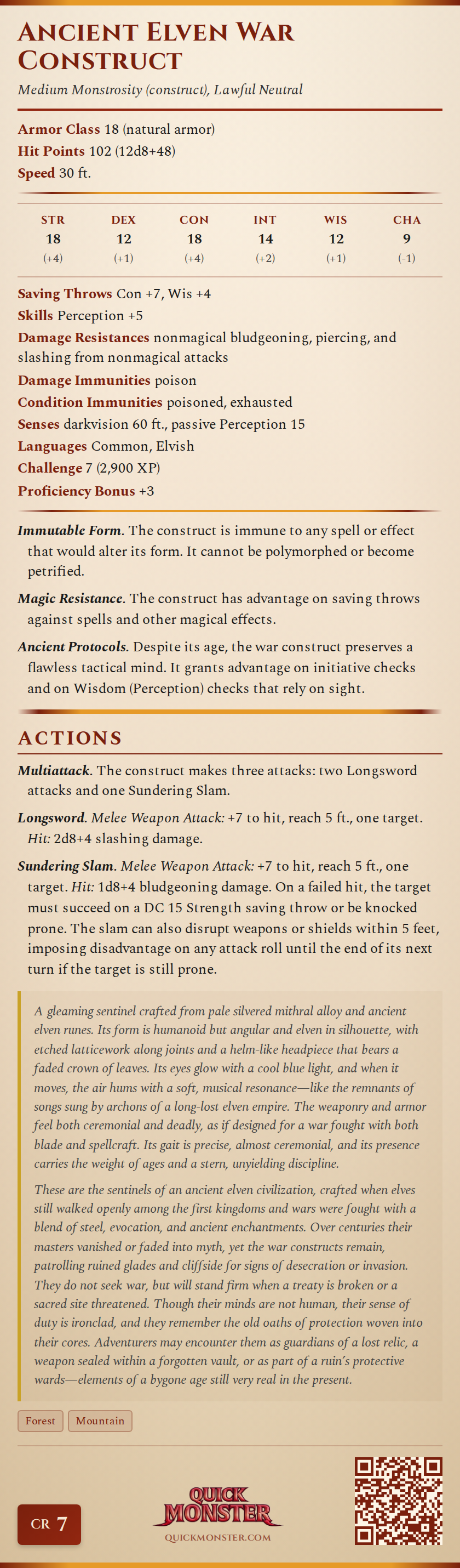Ancient Elven War Construct Stat Block