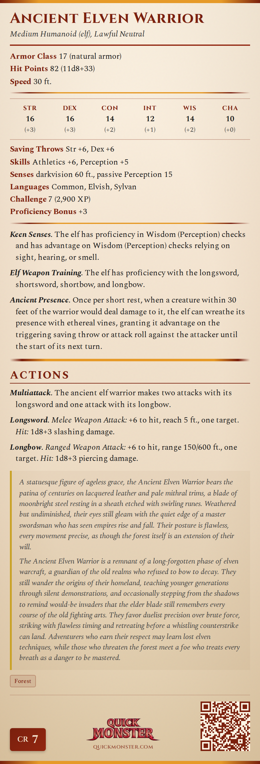 Ancient Elven Warrior Stat Block