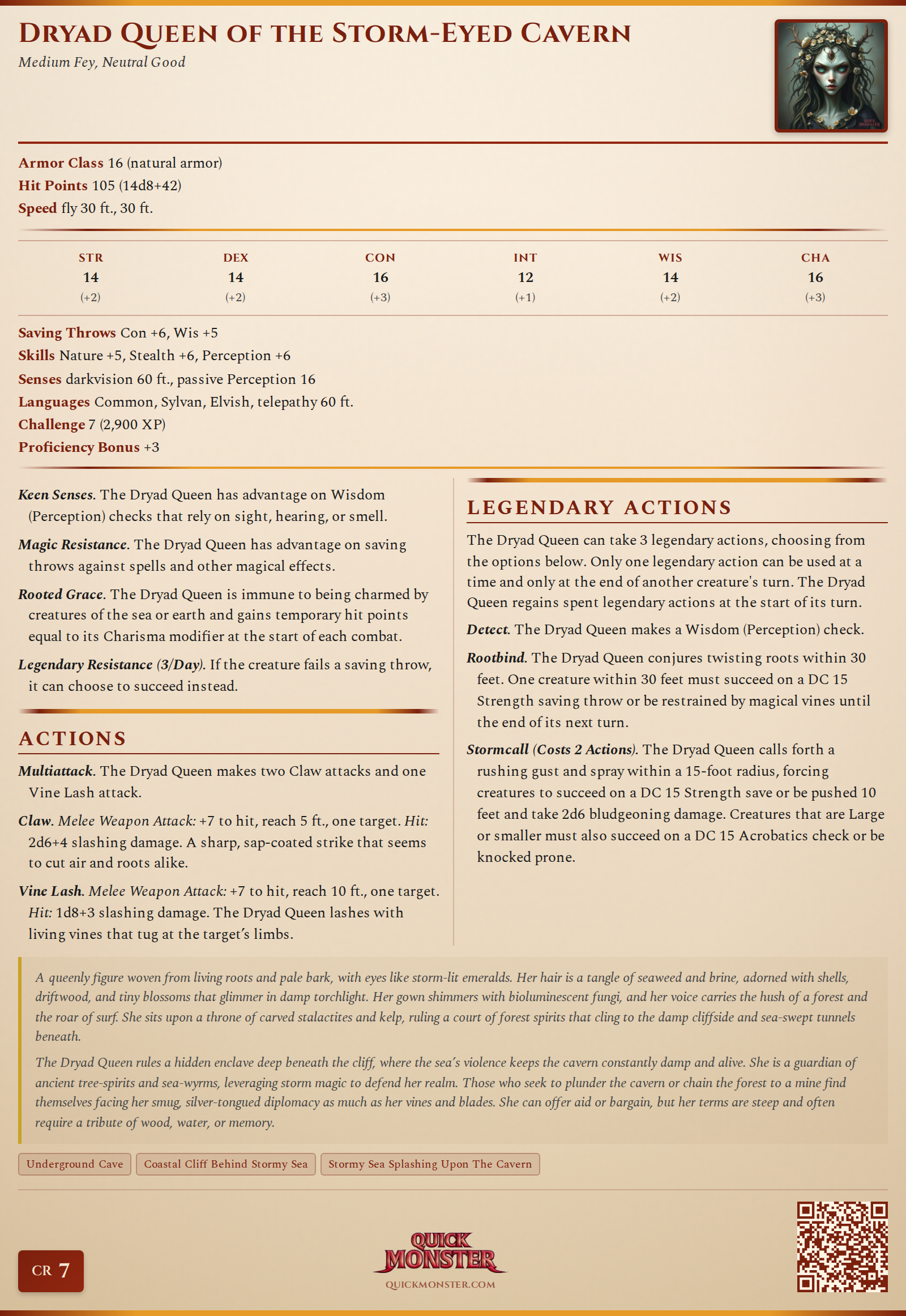 Dryad Queen of the Storm-Eyed Cavern Stat Block