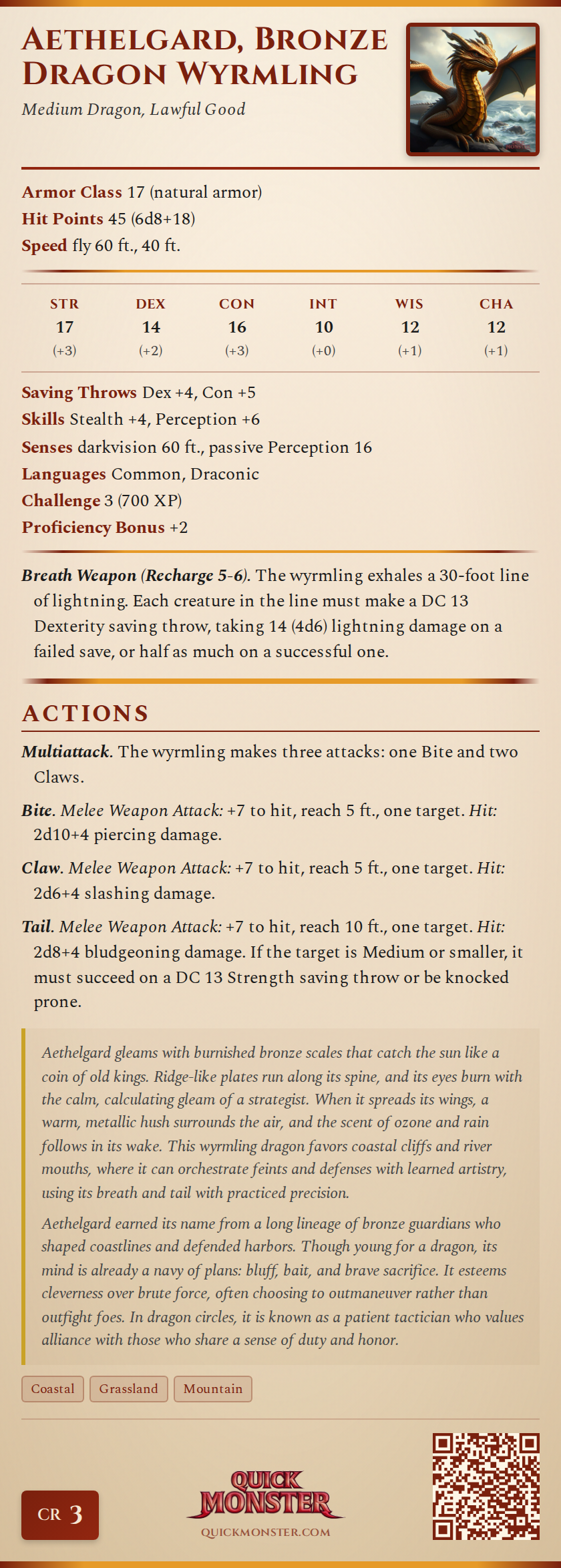 Aethelgard, Bronze Dragon Wyrmling Stat Block