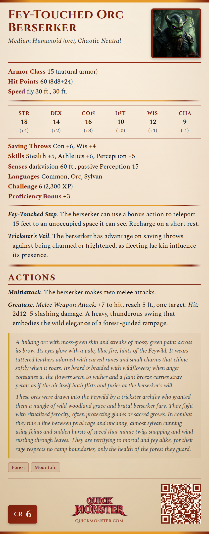Fey-Touched Orc Berserker Stat Block